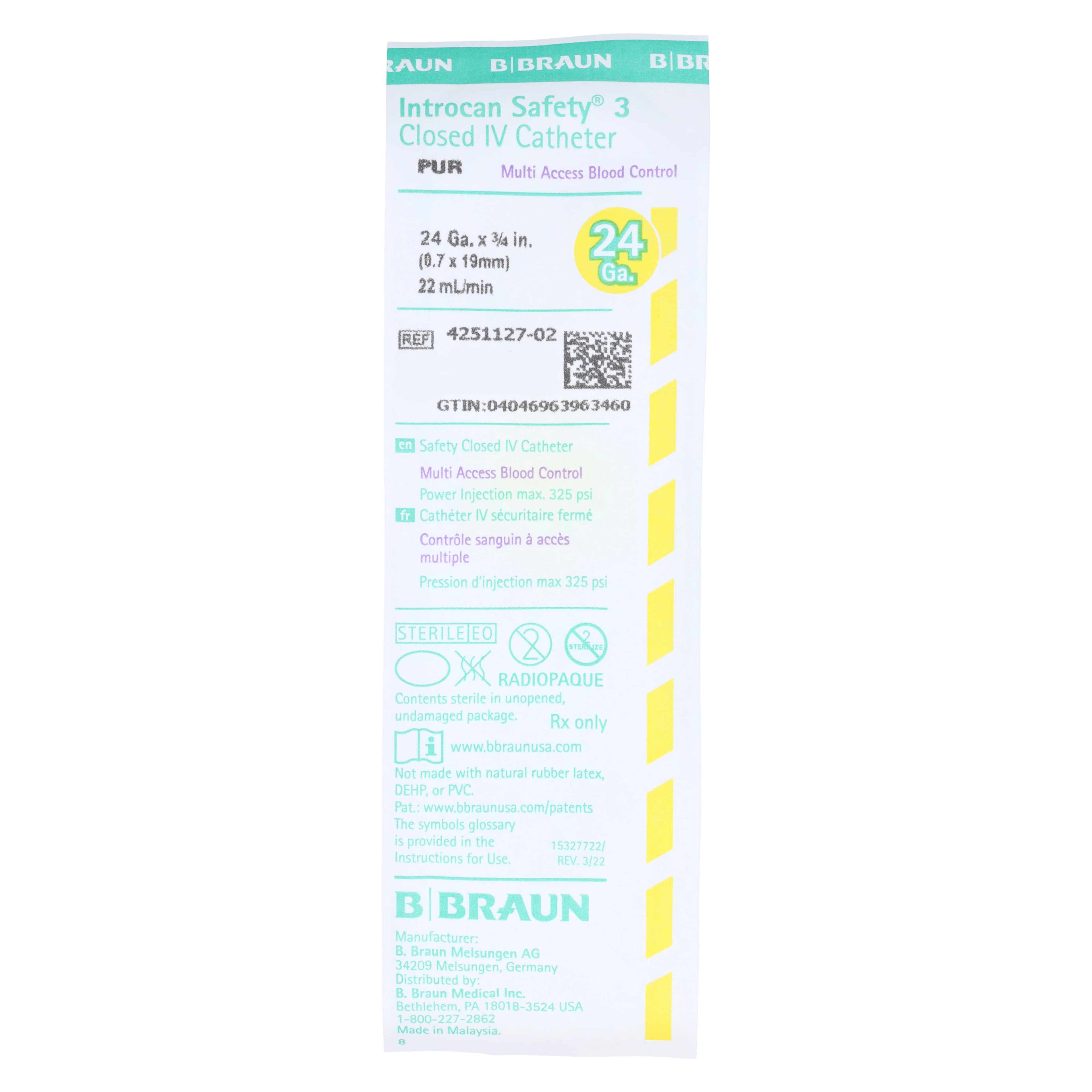 B. Braun Introcan Safety 3 IV Catheter, 24 Gauge, 3/4", Closed End, Yellow, 50/Box thumbnail 4