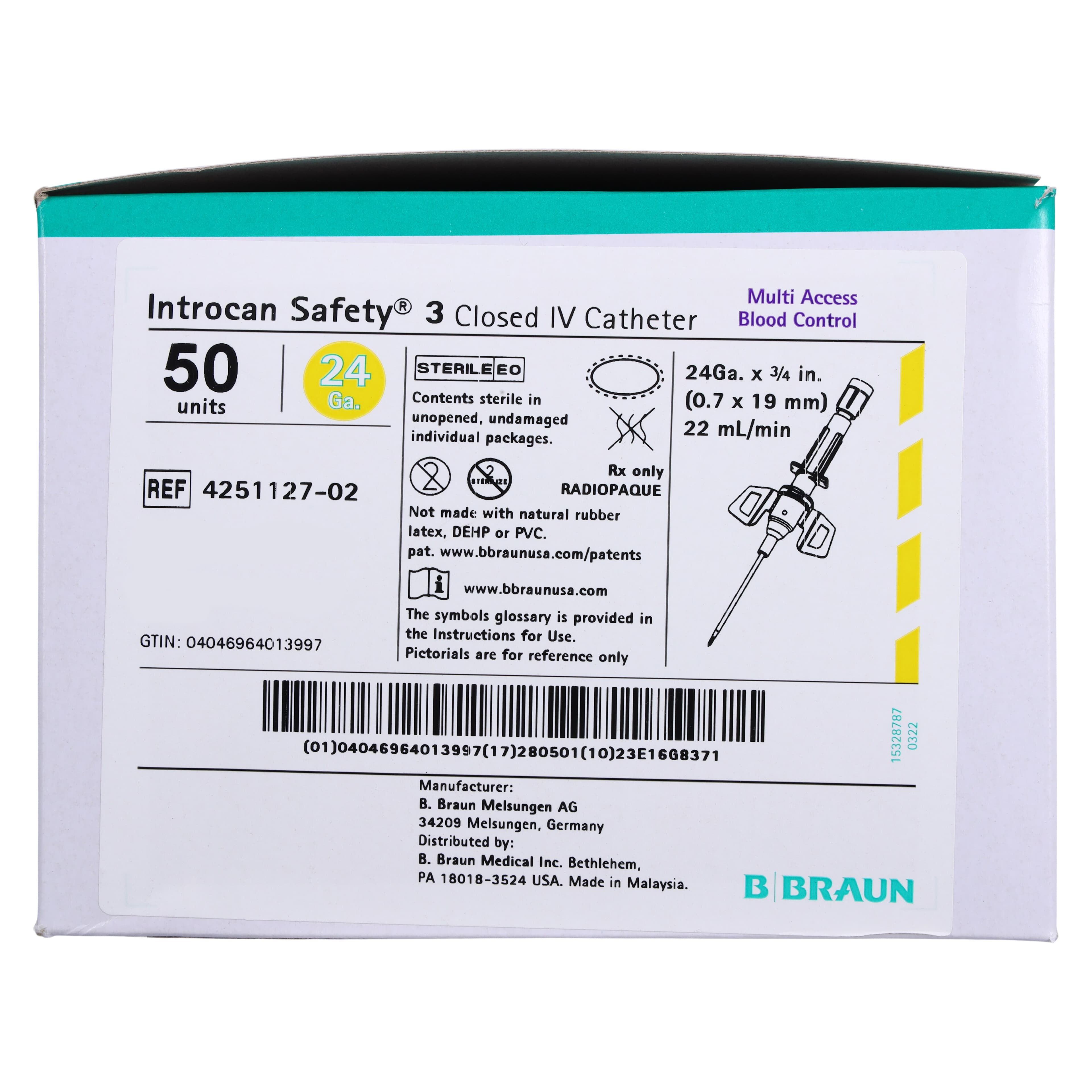 B. Braun Introcan Safety 3 IV Catheter, 24 Gauge, 3/4", Closed End, Yellow, 50/Box thumbnail 8