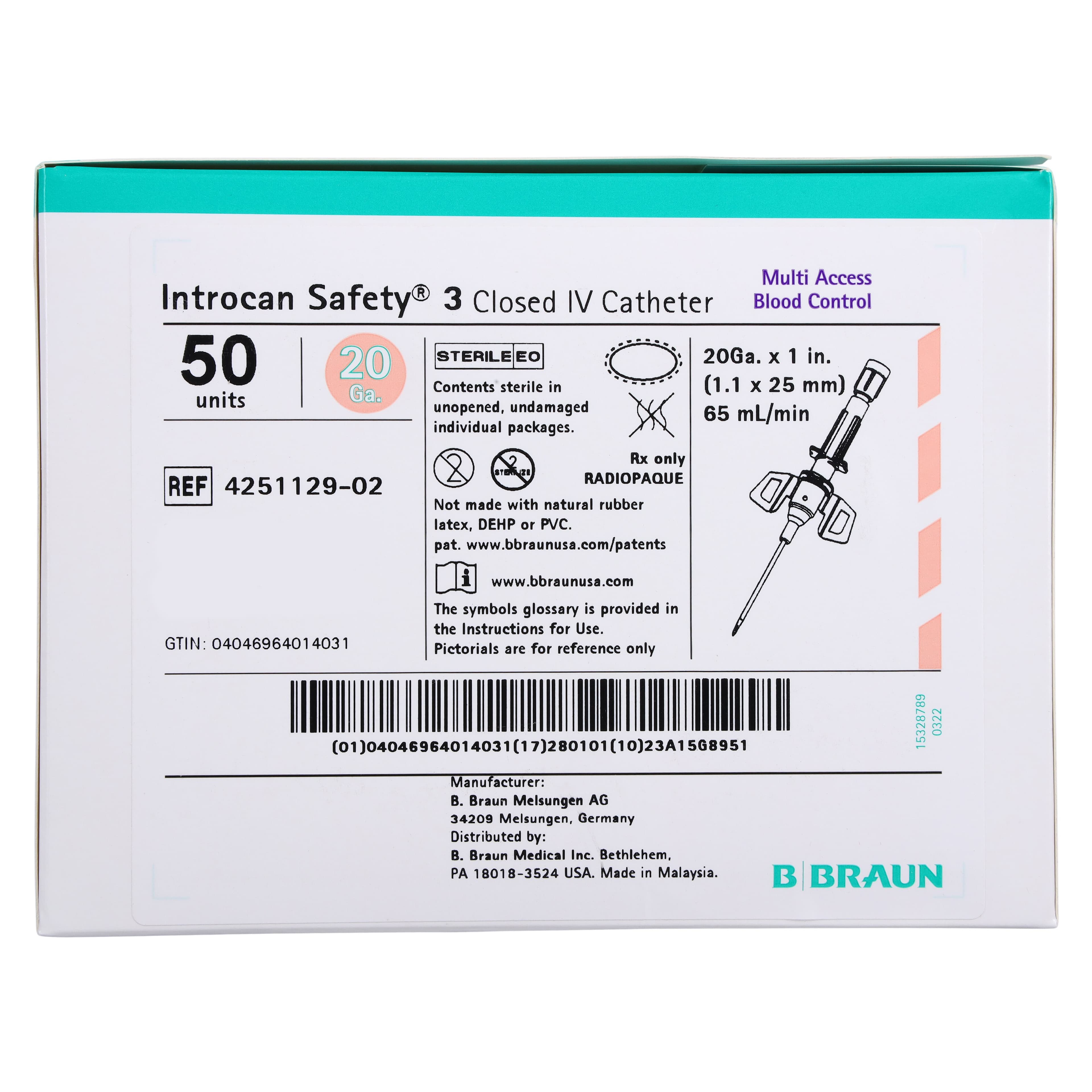 B. Braun Introcan Safety 3 IV Catheter, 20 Gauge, 1", Closed End, Pink, 50/Box thumbnail 8