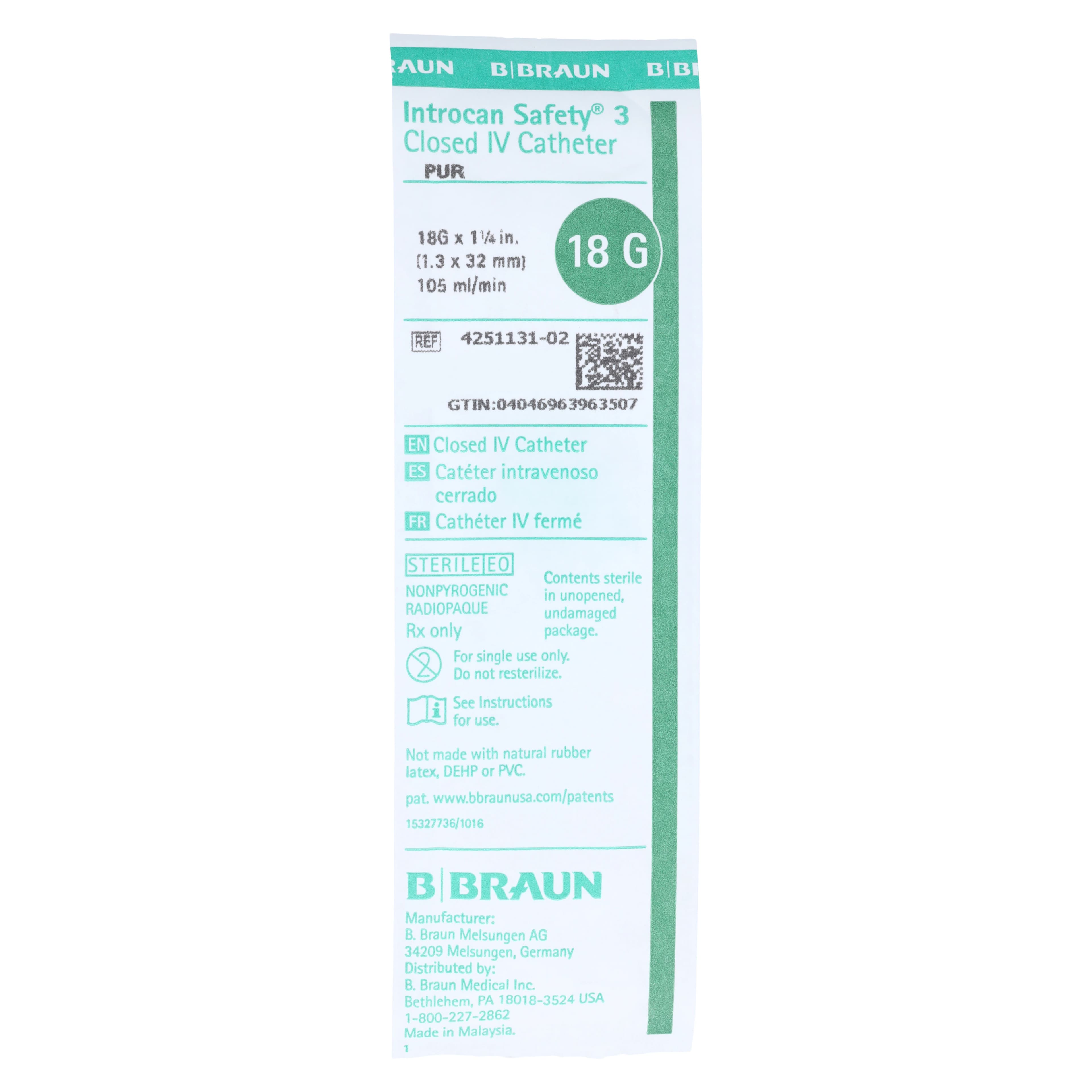 B. Braun Introcan Safety 3 IV Catheter, 18 Gauge, 1-1/4", Polyurethane, Closed End, Non-DEHP/Non-PVC, Sterile, Green, 50/Box thumbnail 4