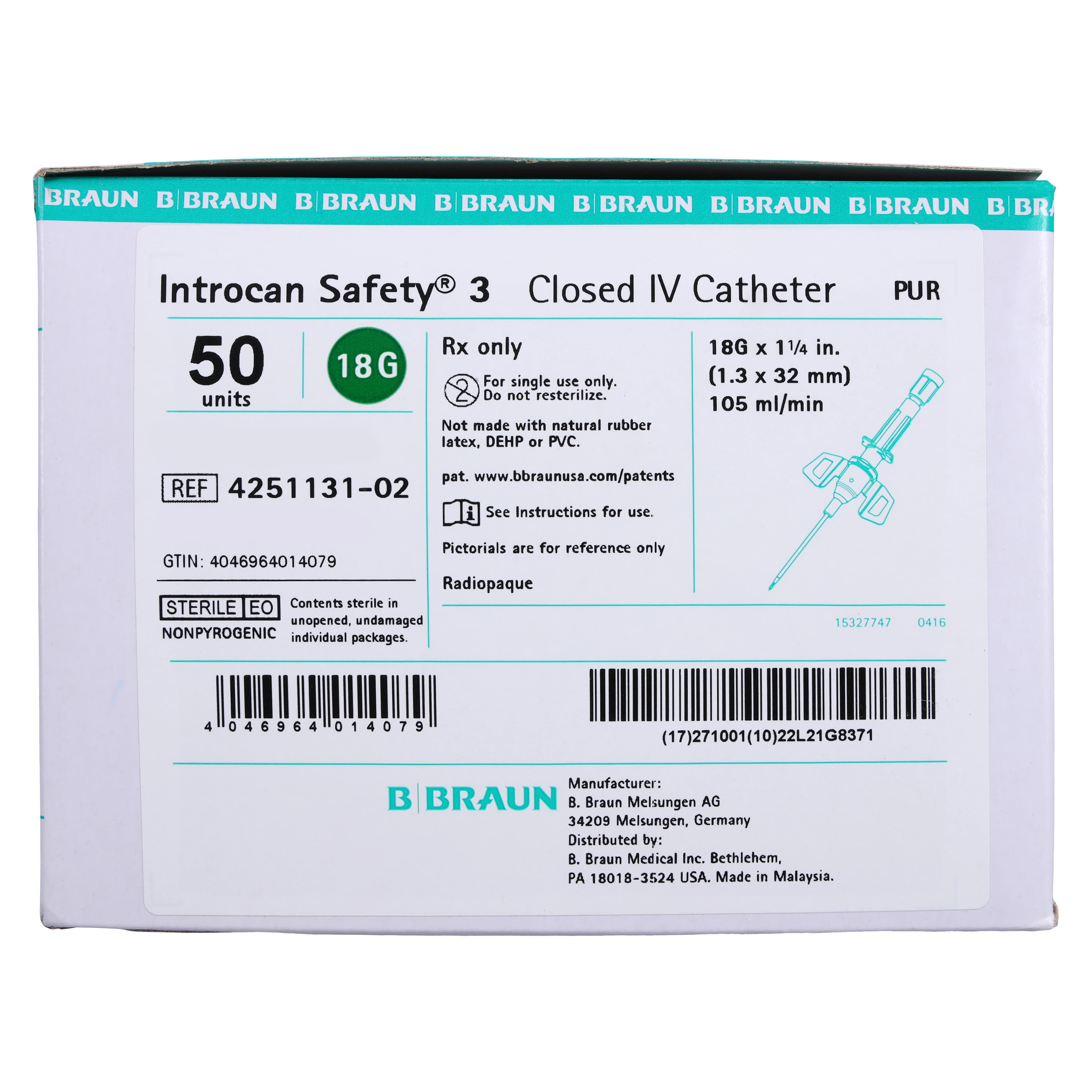 B. Braun Introcan Safety 3 IV Catheter, 18 Gauge, 1-1/4", Polyurethane, Closed End, Non-DEHP/Non-PVC, Sterile, Green, 50/Box thumbnail 8