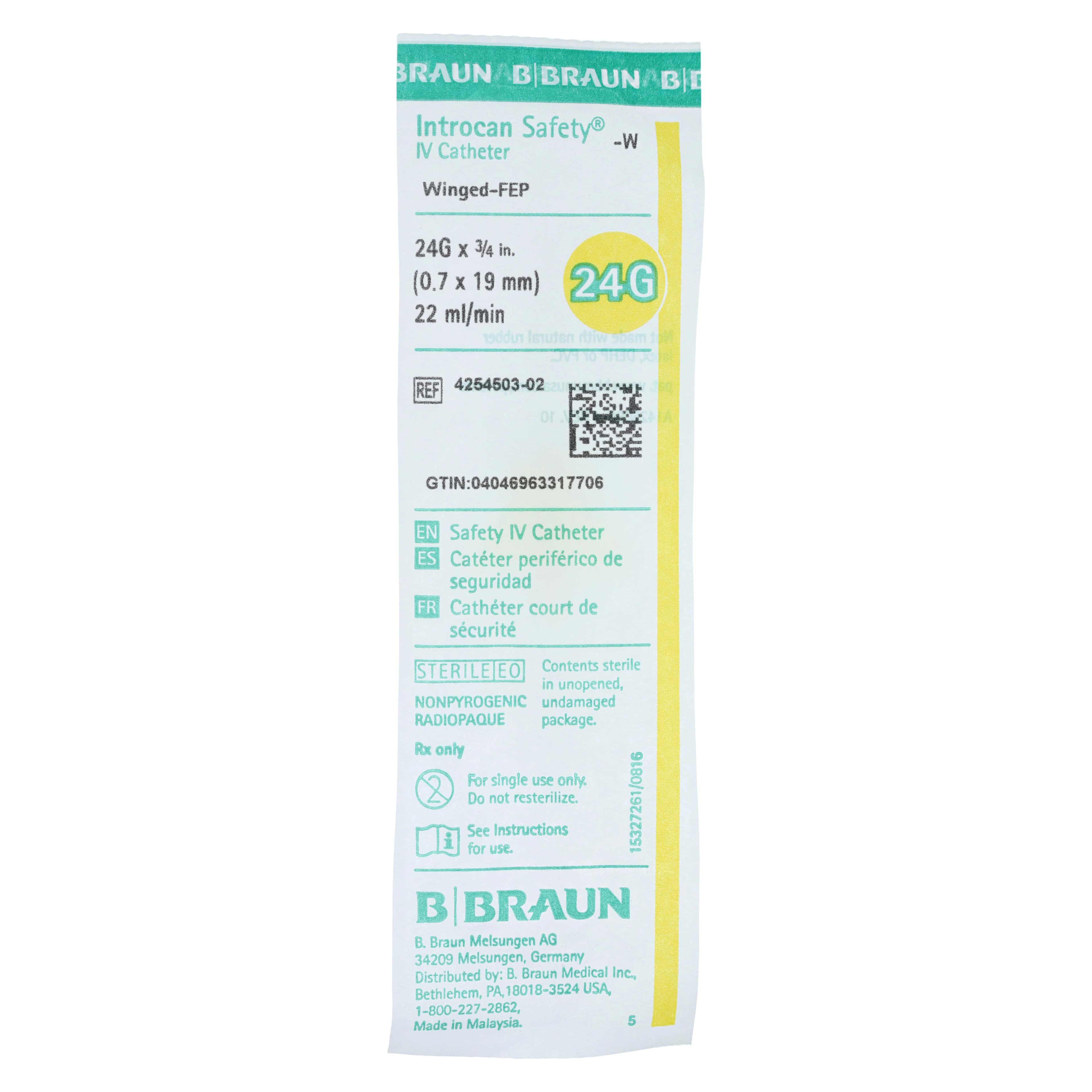 Introcan Safety IV Catheter with Wings, 24 Gauge, 3/4", Teflon, Non-DEHP/Non-PVC, Sterile, Yellow, 50/Box thumbnail 2