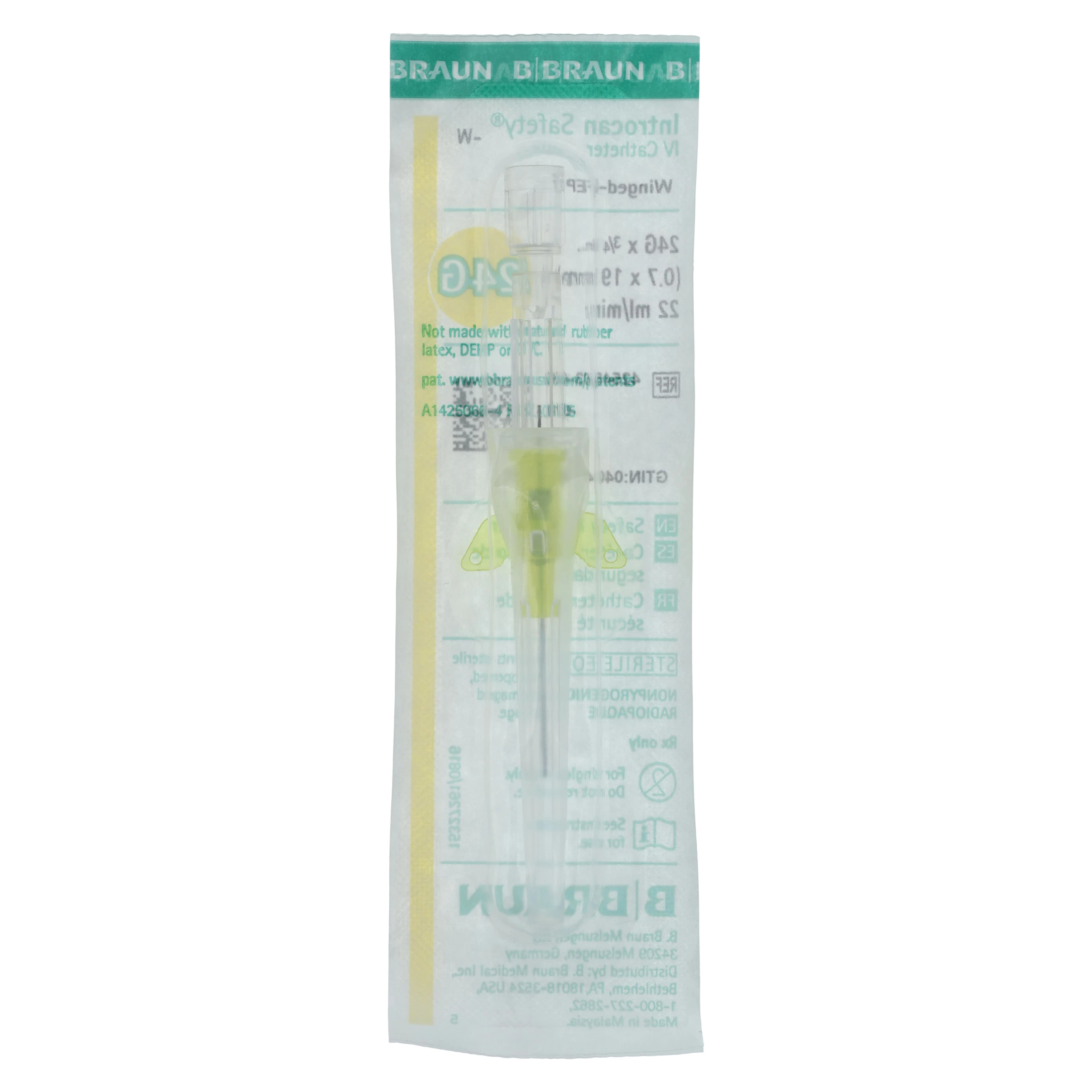 Introcan Safety IV Catheter with Wings, 24 Gauge, 3/4", Teflon, Non-DEHP/Non-PVC, Sterile, Yellow, 50/Box thumbnail 3