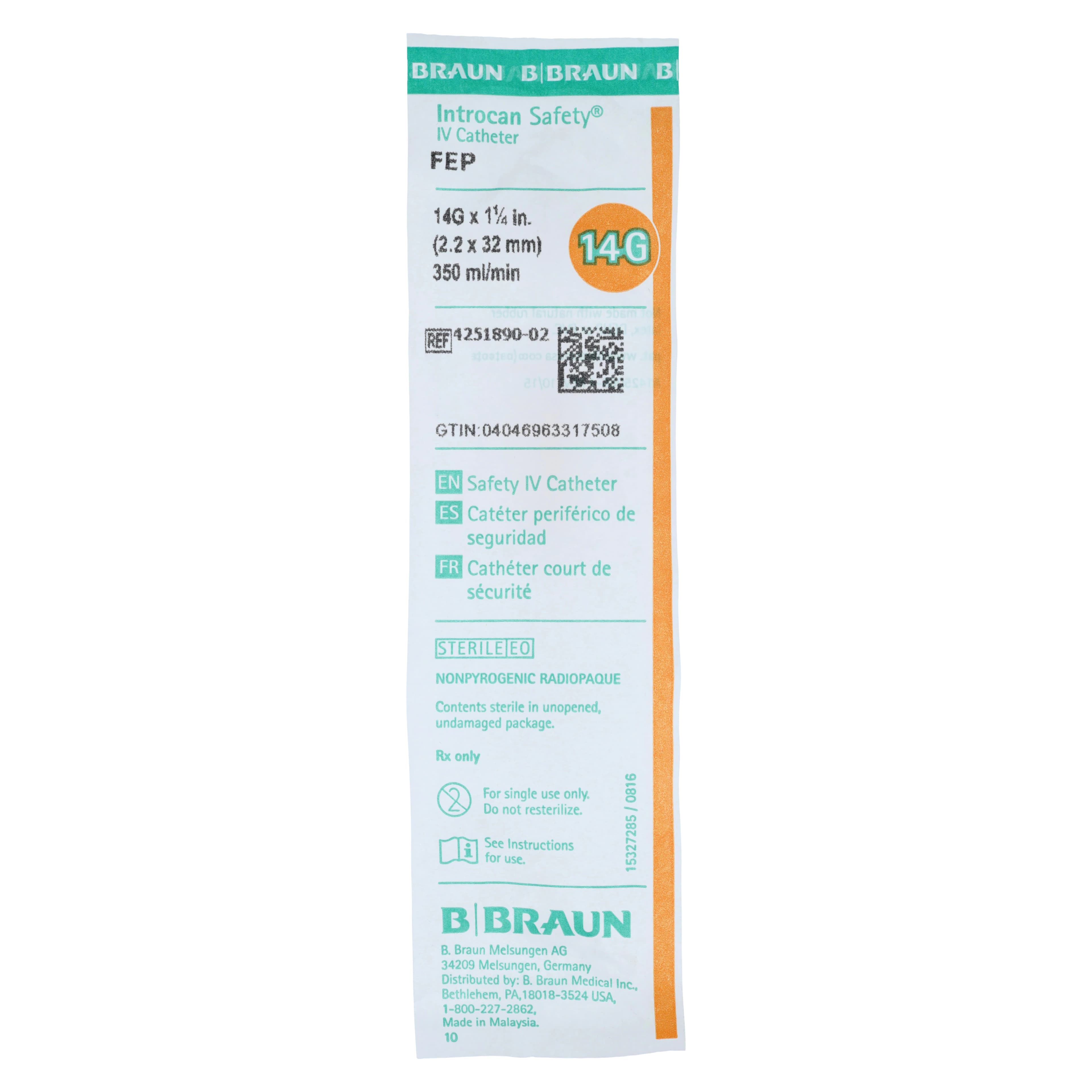 B. Braun Introcan Safety IV Catheter, 14 Gauge, 1-1/4", Straight, Orange, Sterile, 50/Box thumbnail 2