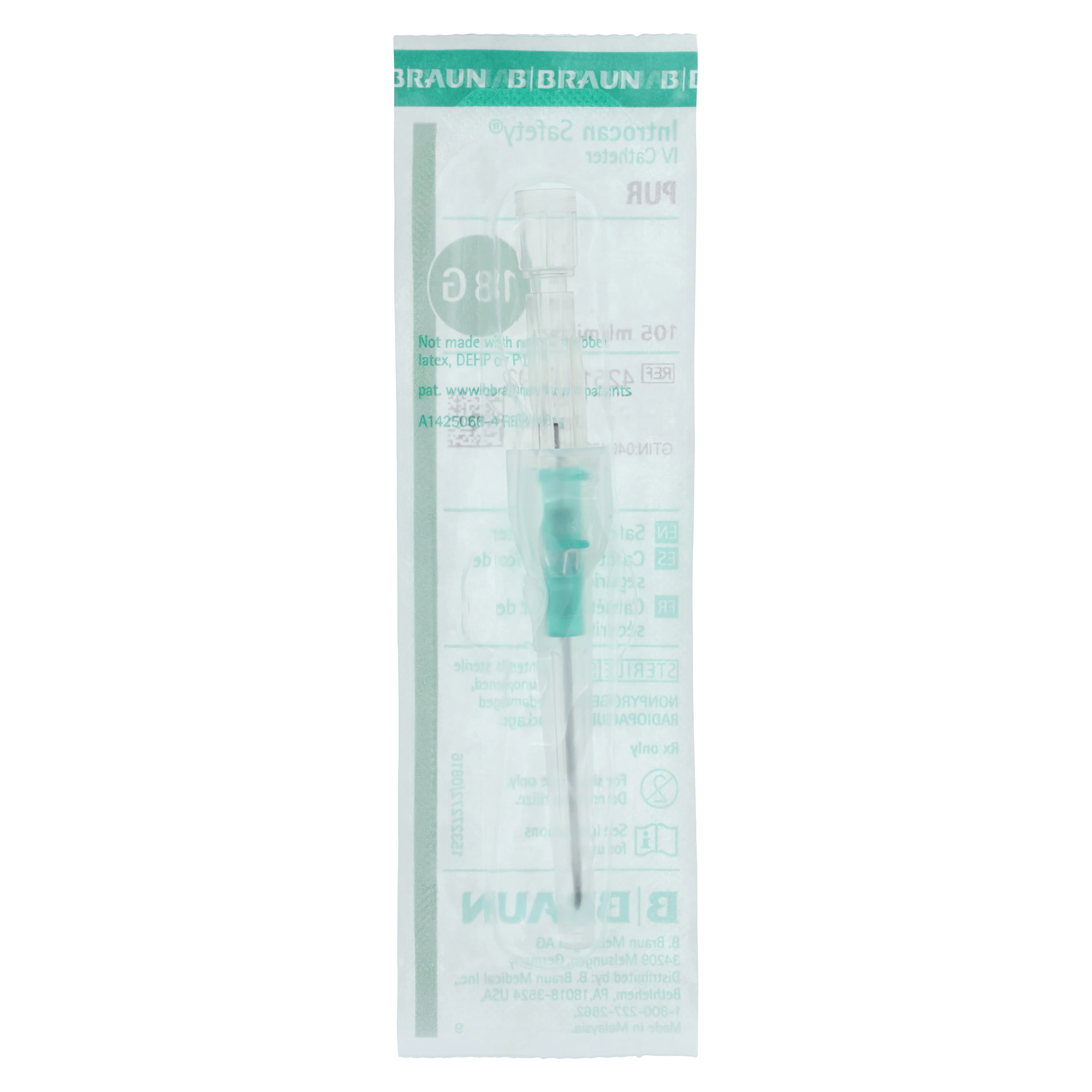 Introcan Safety IV Catheter, 18 Gauge, 1-1/4", Polyurethane, Non-DEHP/Non-PVC, Sterile, Green, Straight, No Wings, 50/Box thumbnail 3
