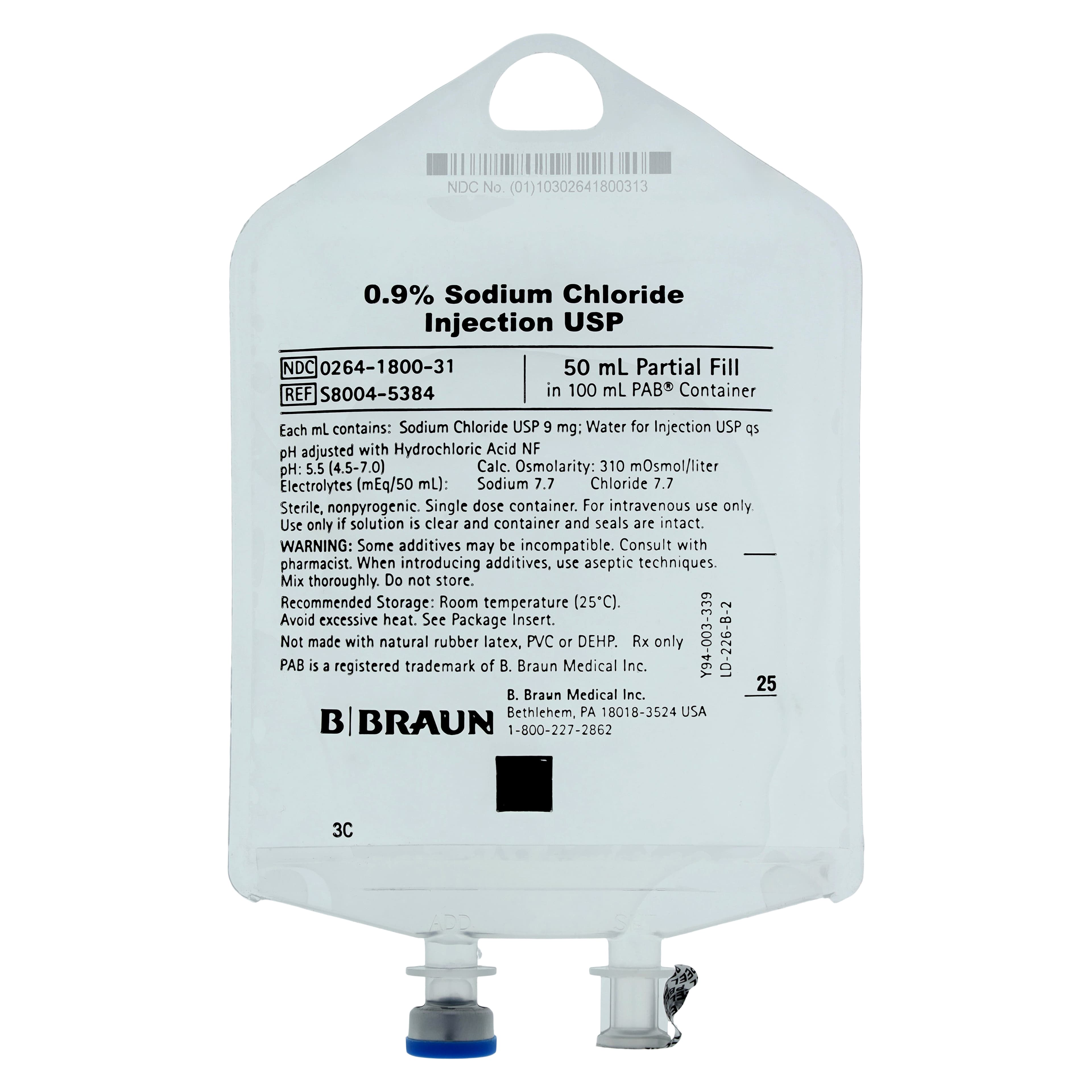 B. Braun Medical 0.9% Sodium Chloride Injections USP, 50mL Partial Additive Bag, Sterile, DEHP-Free, Latex-Free - B. Braun Medical 0.9% Sodium Chloride Injections USP - Image 1