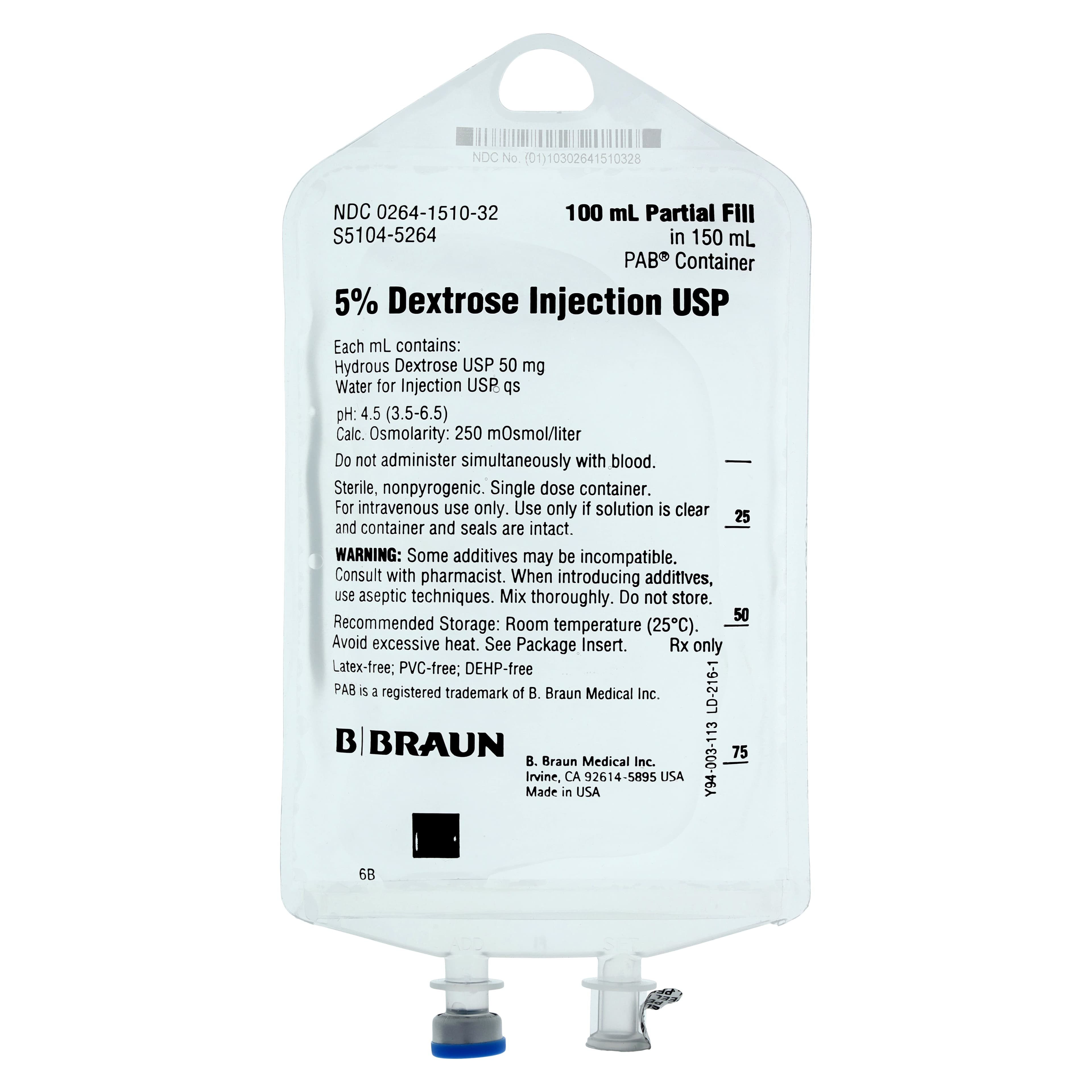 Dextrose 5% Injection USP, 100 mL, Partial Fill Flexible Bag, DEHP-Free, Sterile, Each - Dextrose 5% Inj USP Bag - Image 1