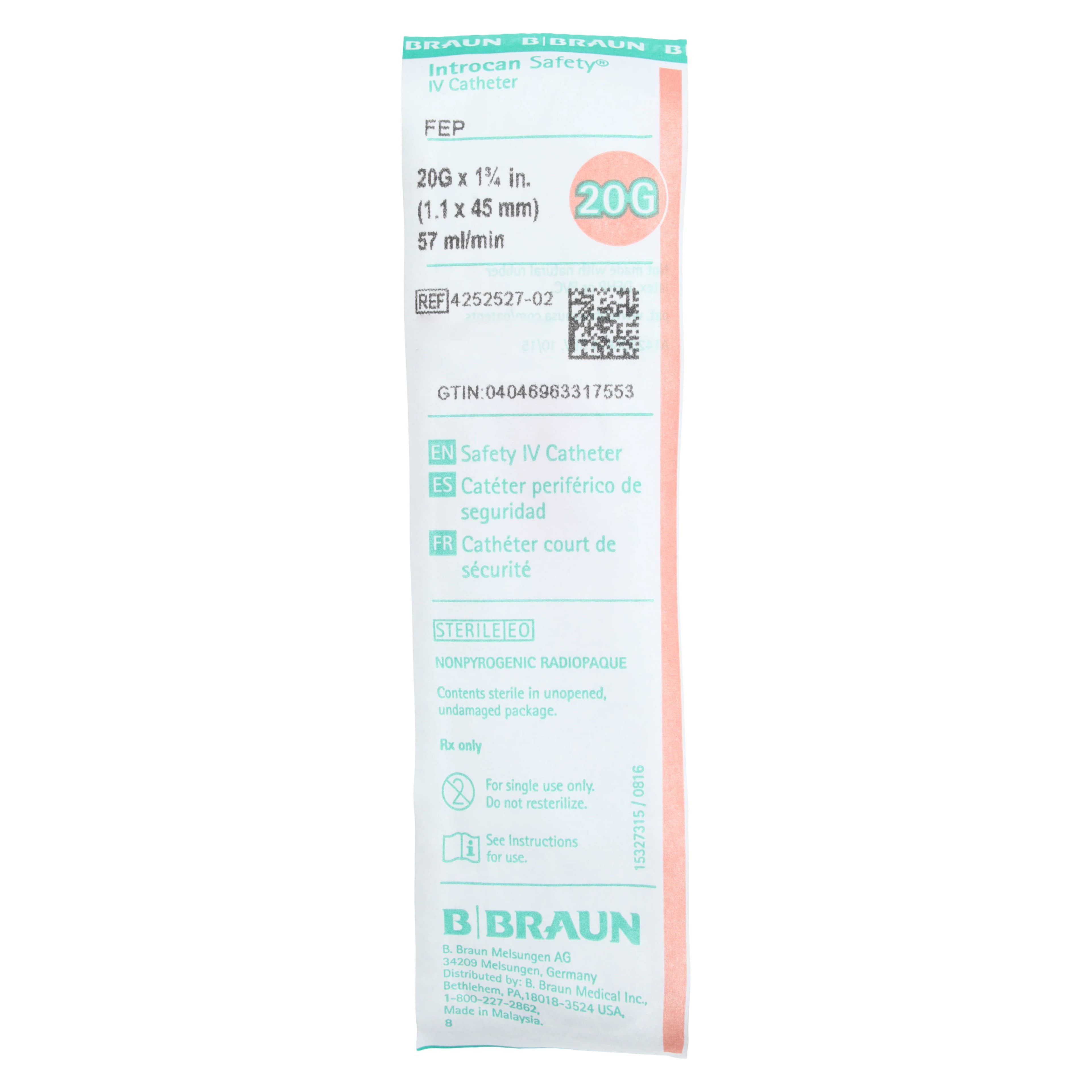 Introcan Safety IV Catheter, 20 Gauge, 1-3/4", Pink, Straight, Non-DEHP/Non-PVC, Latex-Free, Sterile, Each thumbnail 5