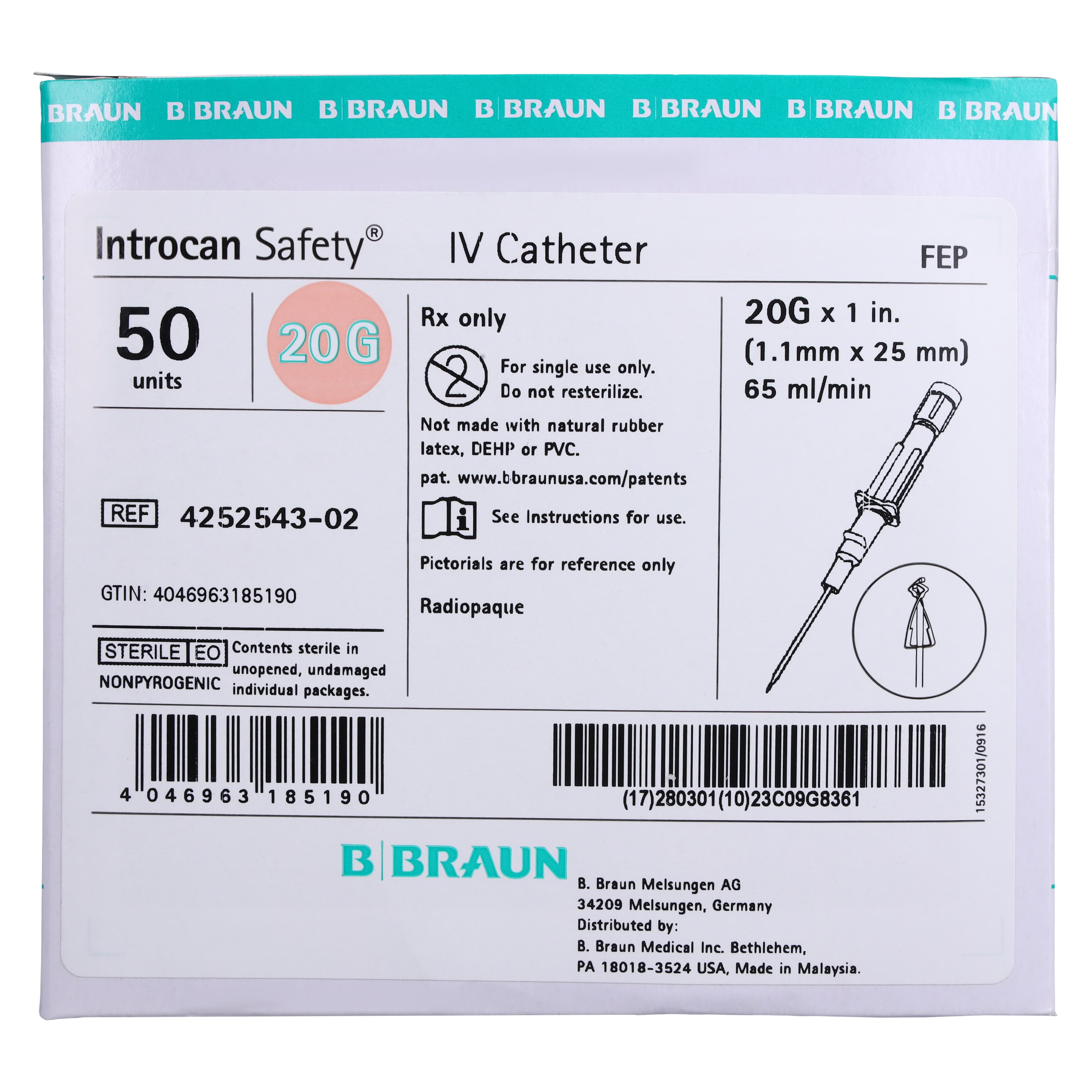Introcan Safety IV Catheter, 20 Gauge, 1", Pink, Straight, Non-DEHP/Non-PVC, Sterile, 50/Box thumbnail 9