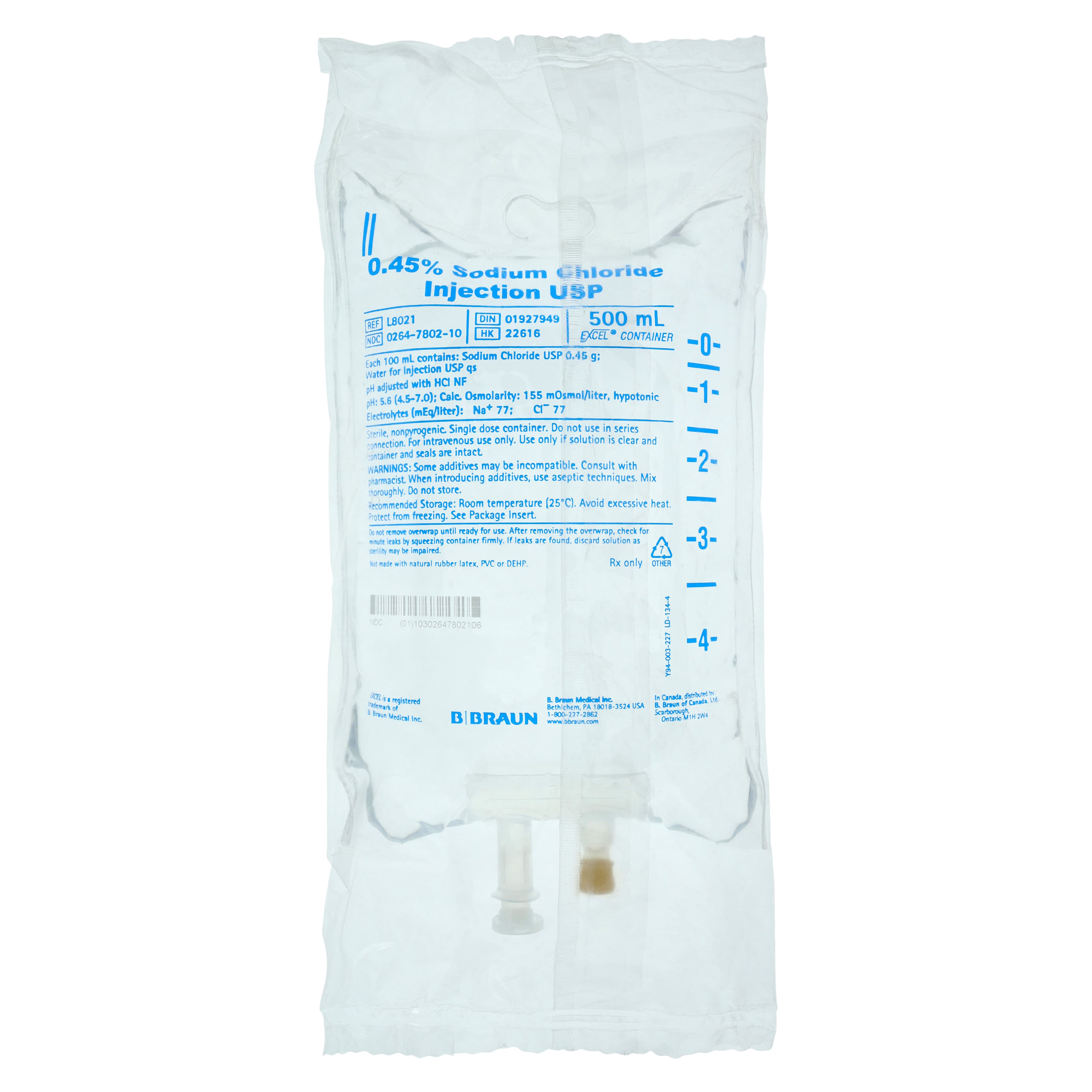 Sodium Chloride 0.45% Injection Bag, 500mL, Excel IV Bag, DEHP-Free, Sterile, L8021 - Sodium Chloride 0.45% Inj Bag - Image 1