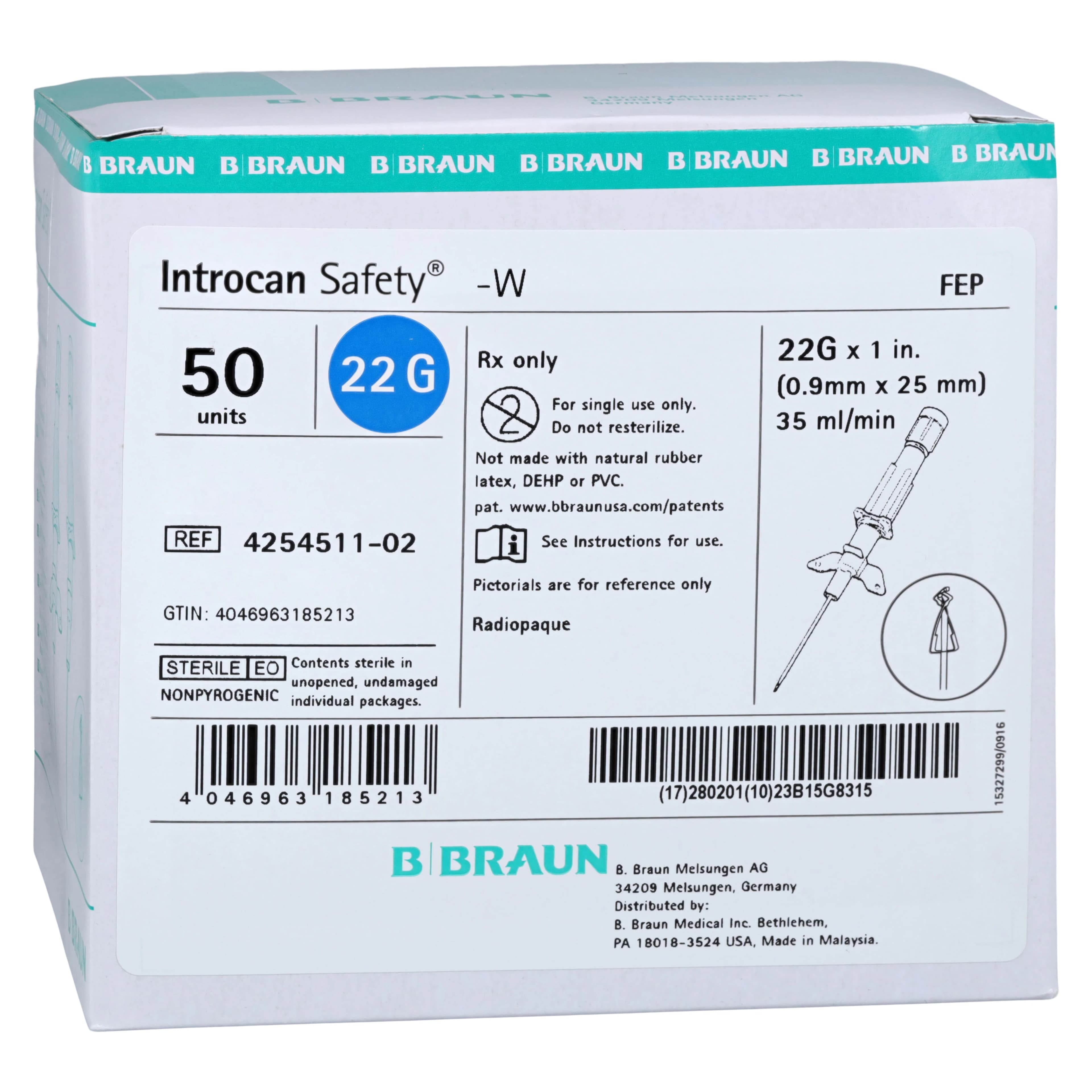 Introcan Safety Cath Wing IV Catheter, 22 Gauge, 1", Blue, Sterile, Non-DEHP/Non-PVC, Latex-Free, 50/Box - Introcan Safety Cath Wing - Image 1
