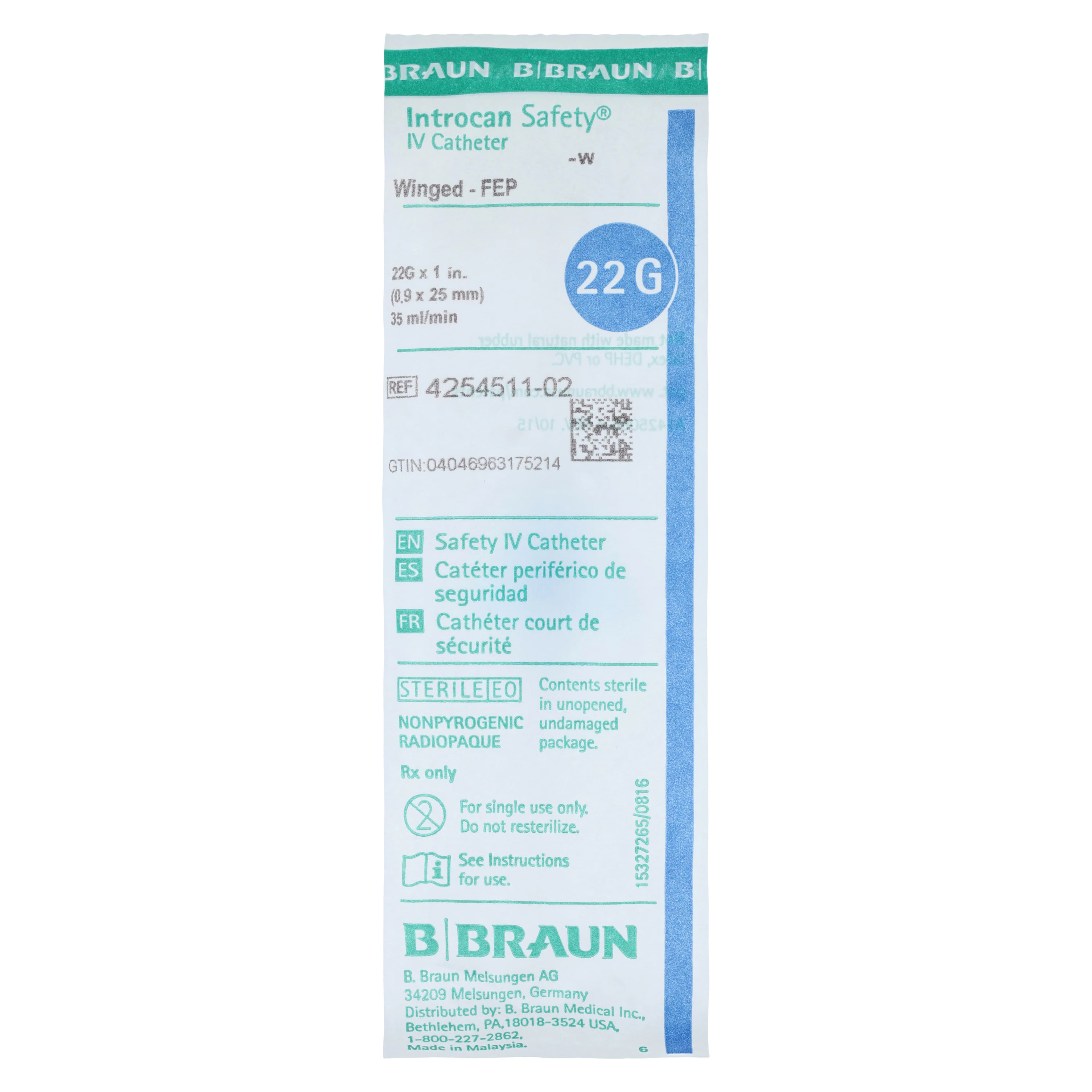 Introcan Safety Cath Wing IV Catheter, 22 Gauge, 1", Blue, Sterile, Non-DEHP/Non-PVC, Latex-Free, 50/Box thumbnail 2