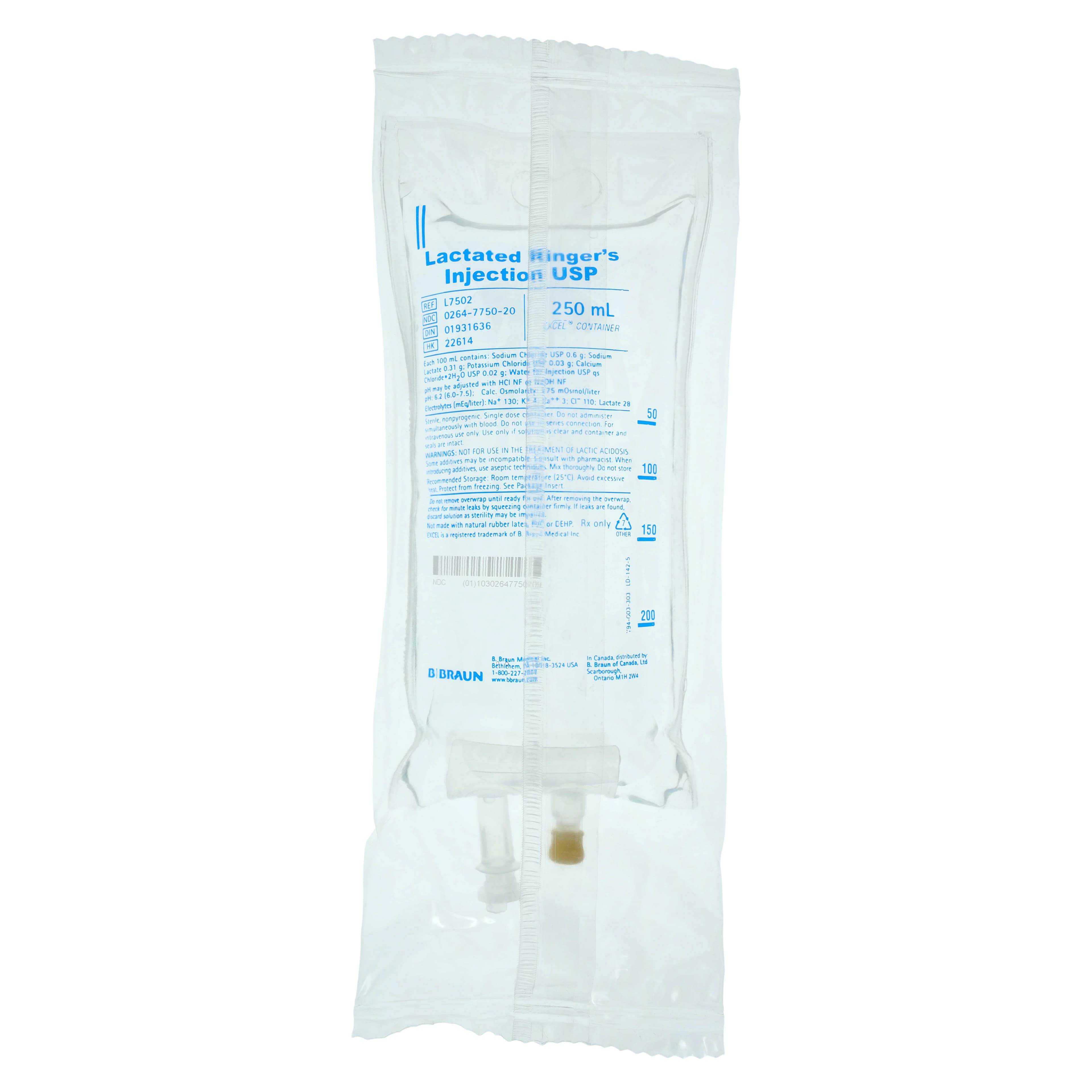 B. Braun Lactated Ringer's Injection USP, 250 mL IV Bag, Sterile, Nonpyrogenic, DEHP-Free, 1/Bag - Lactated Ringer Injection, USP, Bag, 250 ml, 1/Pk - Image 1