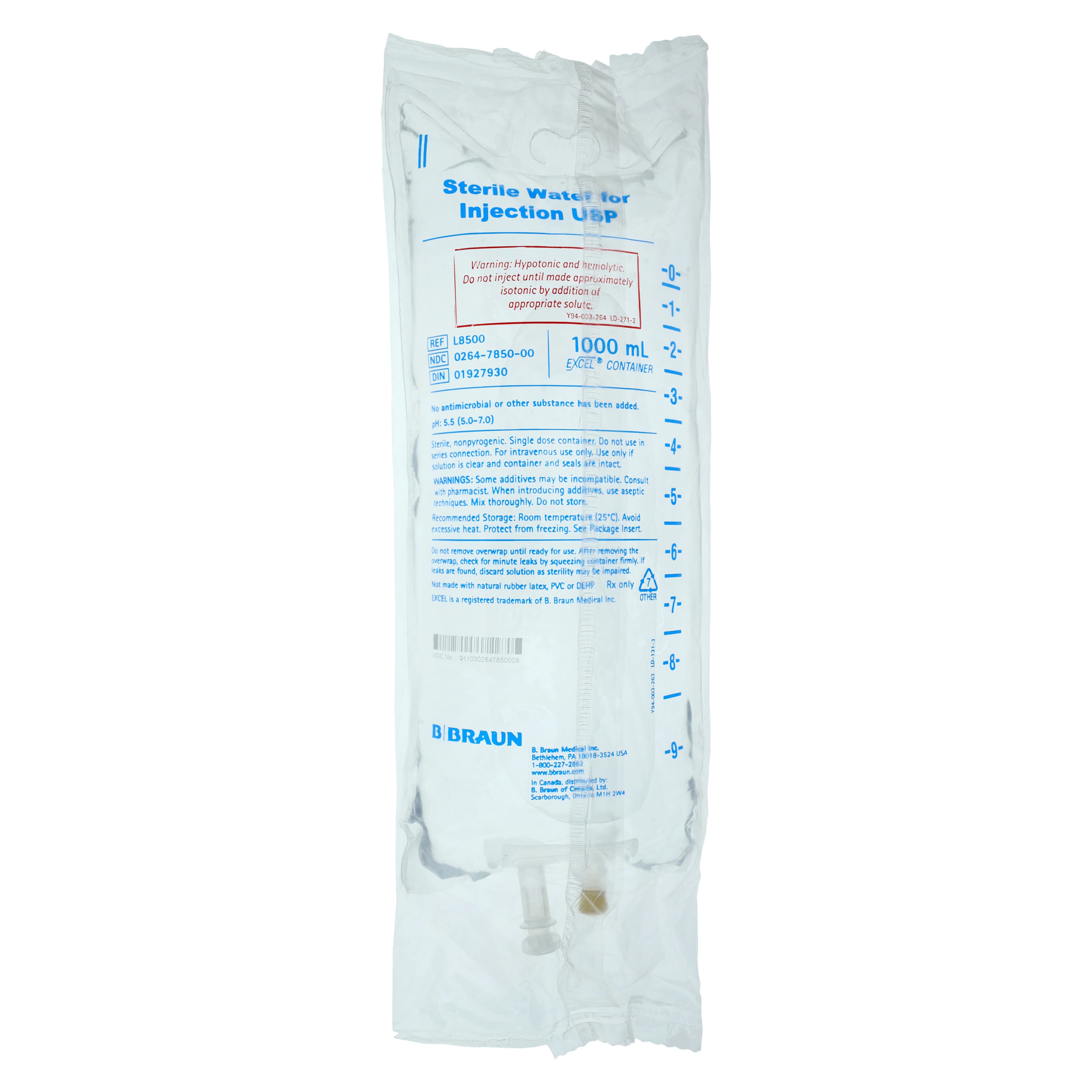 B. Braun Sterile Water for Injection, 1000 mL Excel Plastic Bag, PVC-Free, DEHP-Free, L8500 - Sterile Water For Injection 1000ml - Image 1