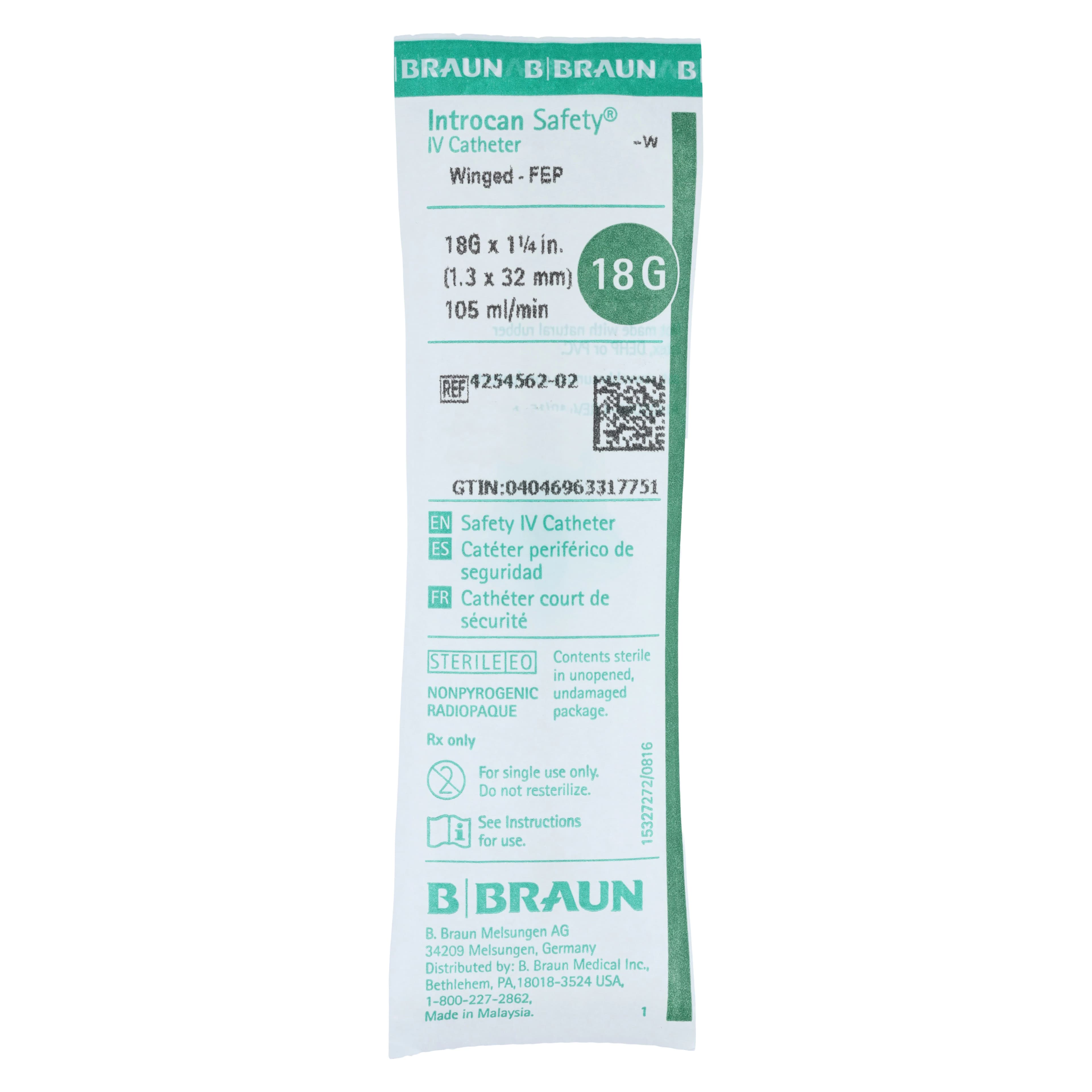 Introcan Safety IV Catheter with Wings, 18 Gauge, 1-1/4", Teflon, Non-DEHP/Non-PVC, Sterile, Green, 50/Box thumbnail 2