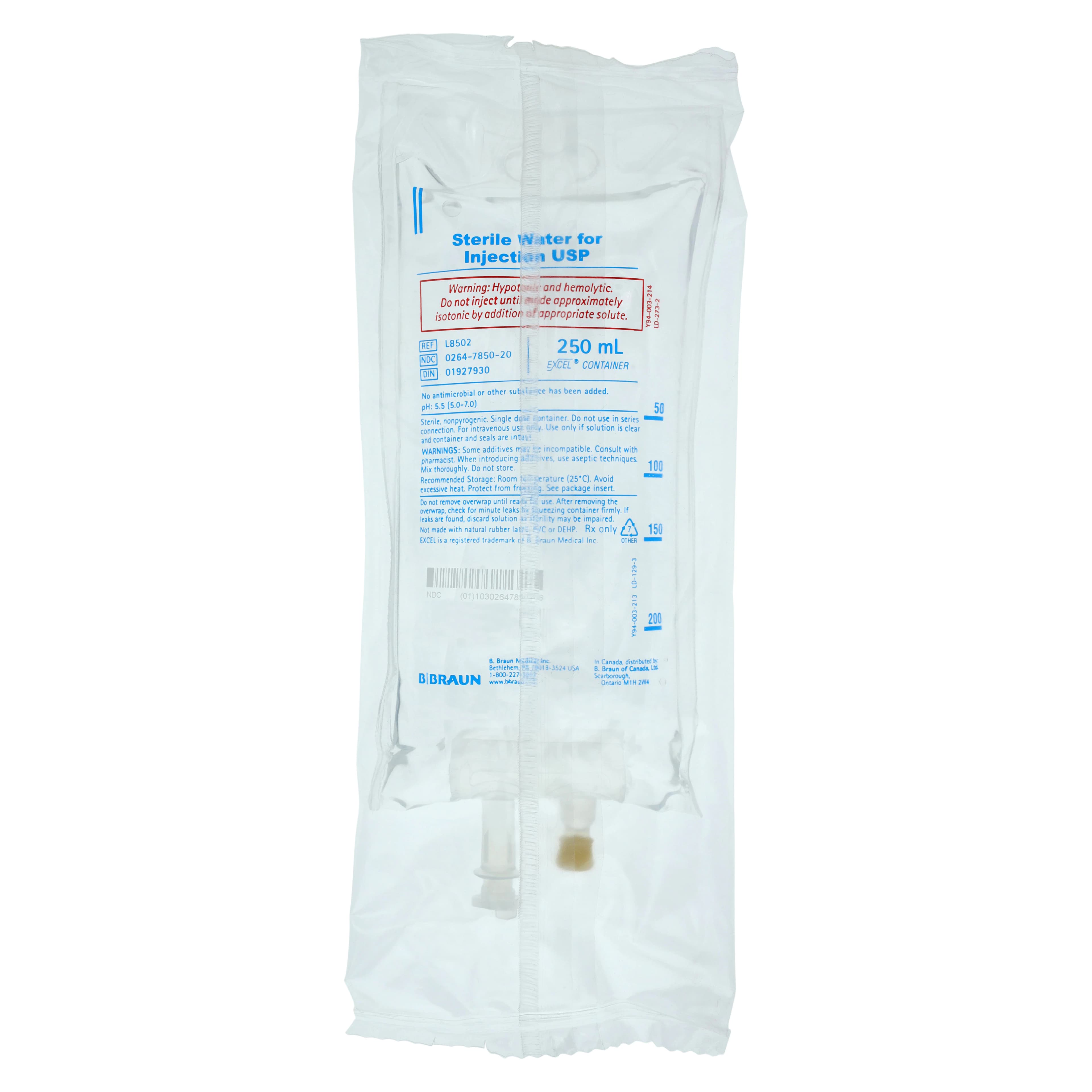 B. Braun Sterile Water for Injection, 250 mL Excel Plastic Bag, PVC-Free and DEHP-Free - Sterile Water For Injection 250ml - Image 1