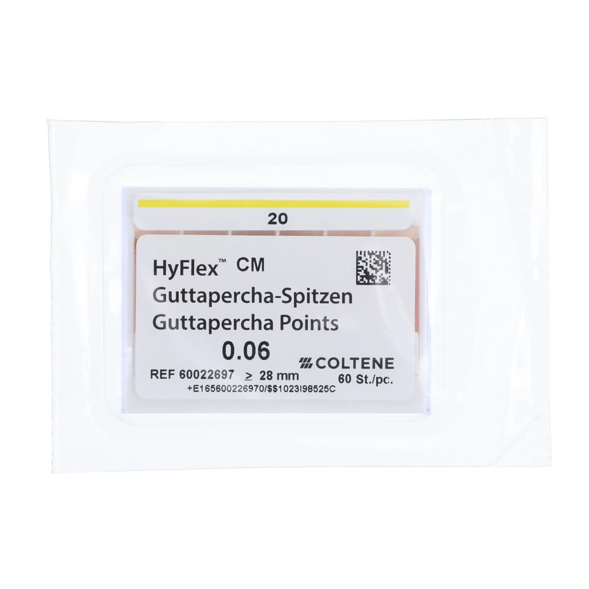 HyFlex CM Gutta Percha Points, .06 Taper, ISO #20, Yellow, 60/Pk, 60022697 - HyFlex CM, Gutta Percha Points, .06, # 20, Yellow, 60/Pk, 60022697 - Image 1