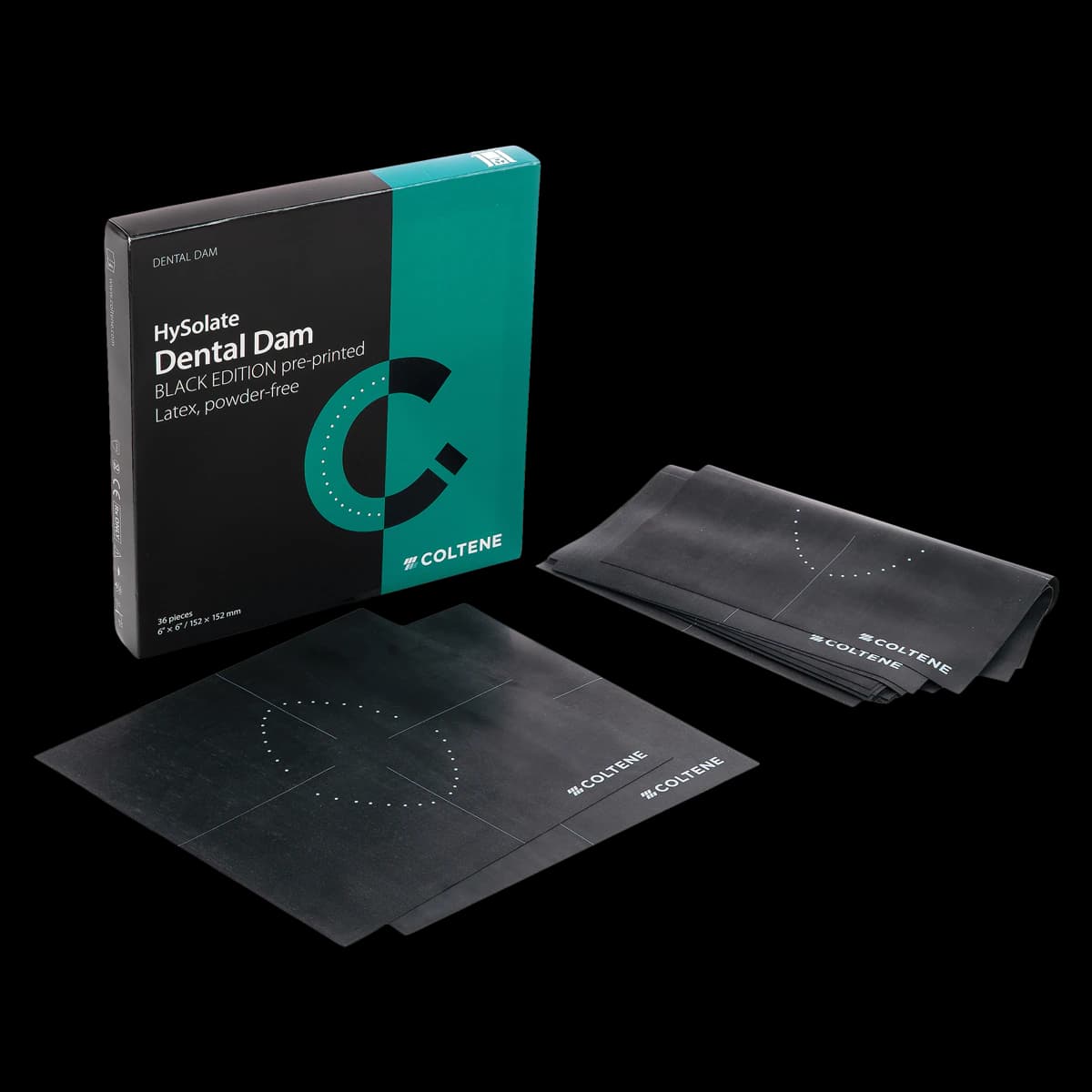 HySolate Latex Dental Dam, 6" x 6" (152 x 152 mm), Medium, Black, Pre-Printed, Powder-Free, 360/Box, 60031355 - HySolate Latex Dental Dam 6x6 Black Printed Medium Pack of 360 - Image 1