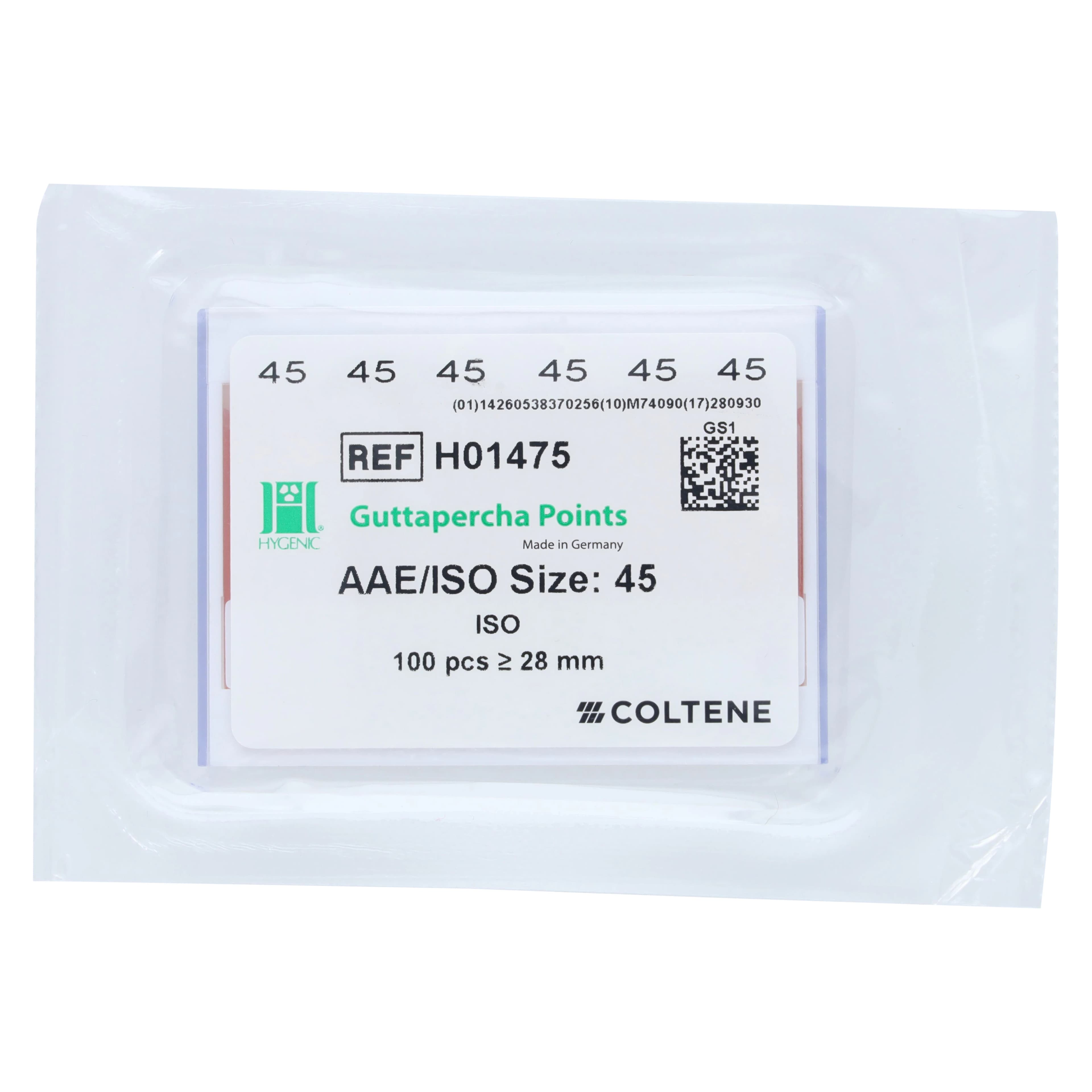 Hygenic® Gutta-Percha Points, ISO #45, Pink, 28mm, 100/Box (H-01475) - #45 Hygenic® Guttapercha Points Pink ISO 28mm Box of 100 - Image 1