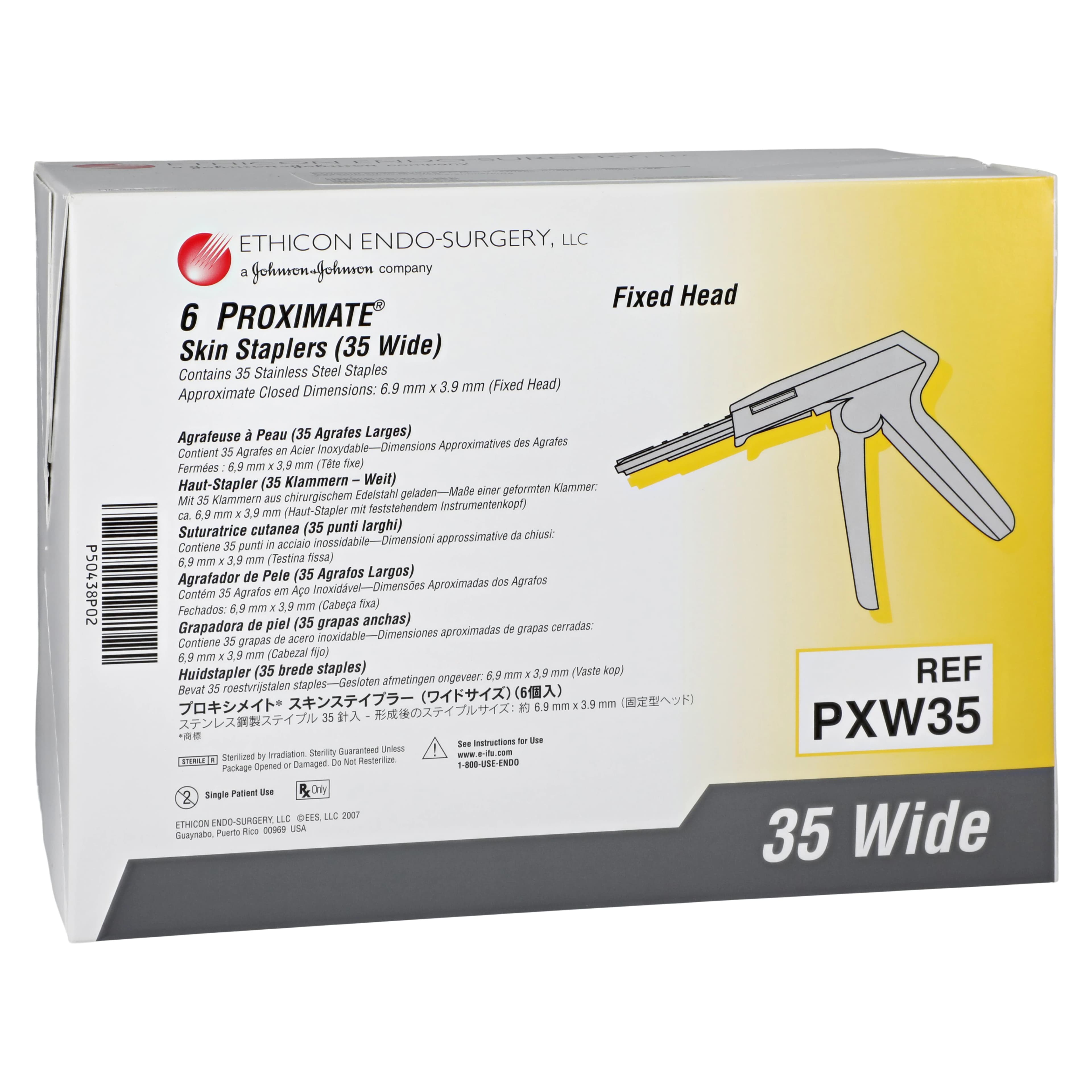 Ethicon Proximate PX Skin Stapler, Pistol Grip, Fixed Head, Multi-Directional Release, Wide, 35 Staples, Stainless Steel, 6/Box - Ethicon Wound Closure Products-Pistol Grip Fixed Head Multi-Directional Release Wide 35 Staples 6/Bx - Image 1
