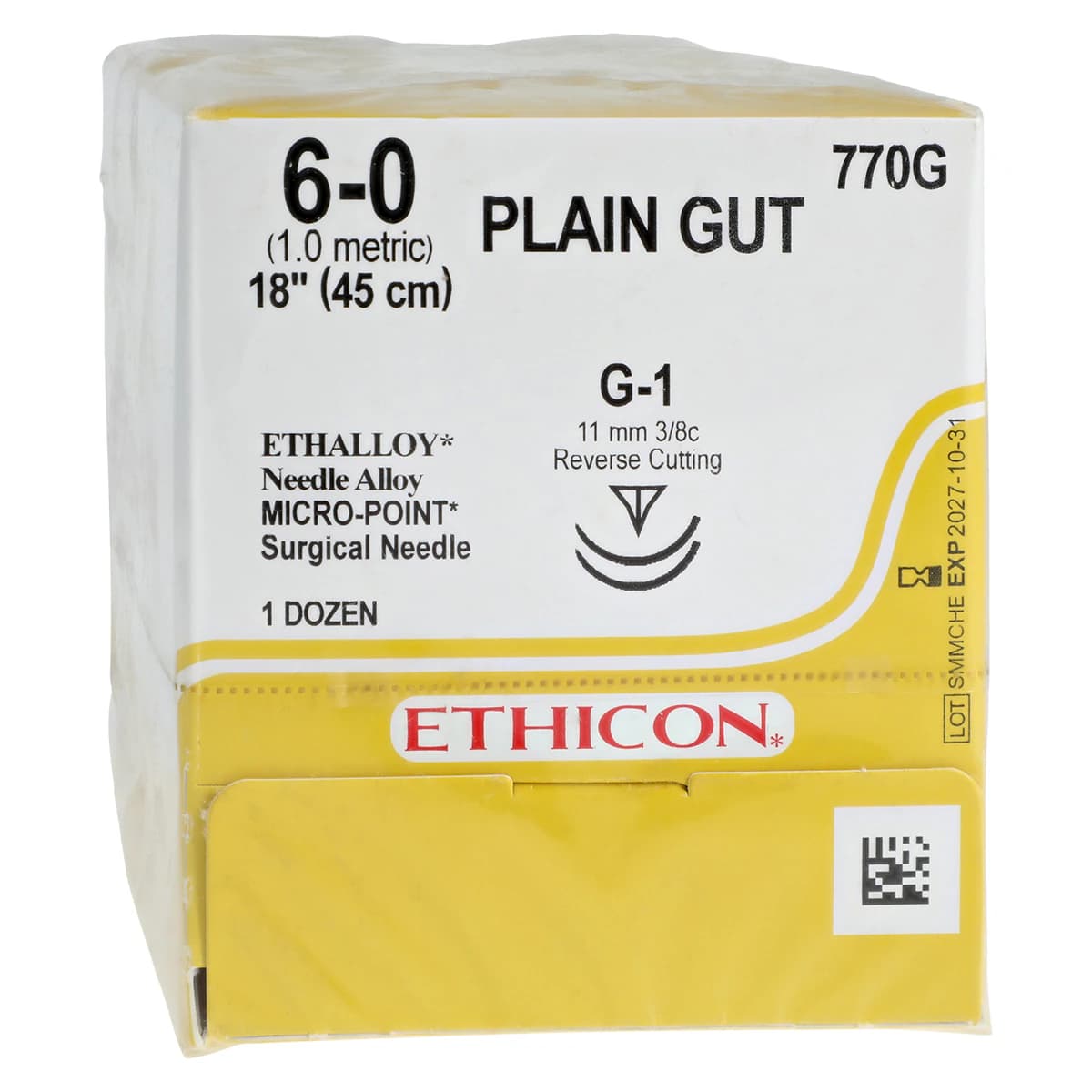Ethicon Plain Gut Surgical Suture, 6-0, 18", G-1 Reverse Cutting Needle, 3/8 Circle, 11mm, 12/Bx, 770G thumbnail 2