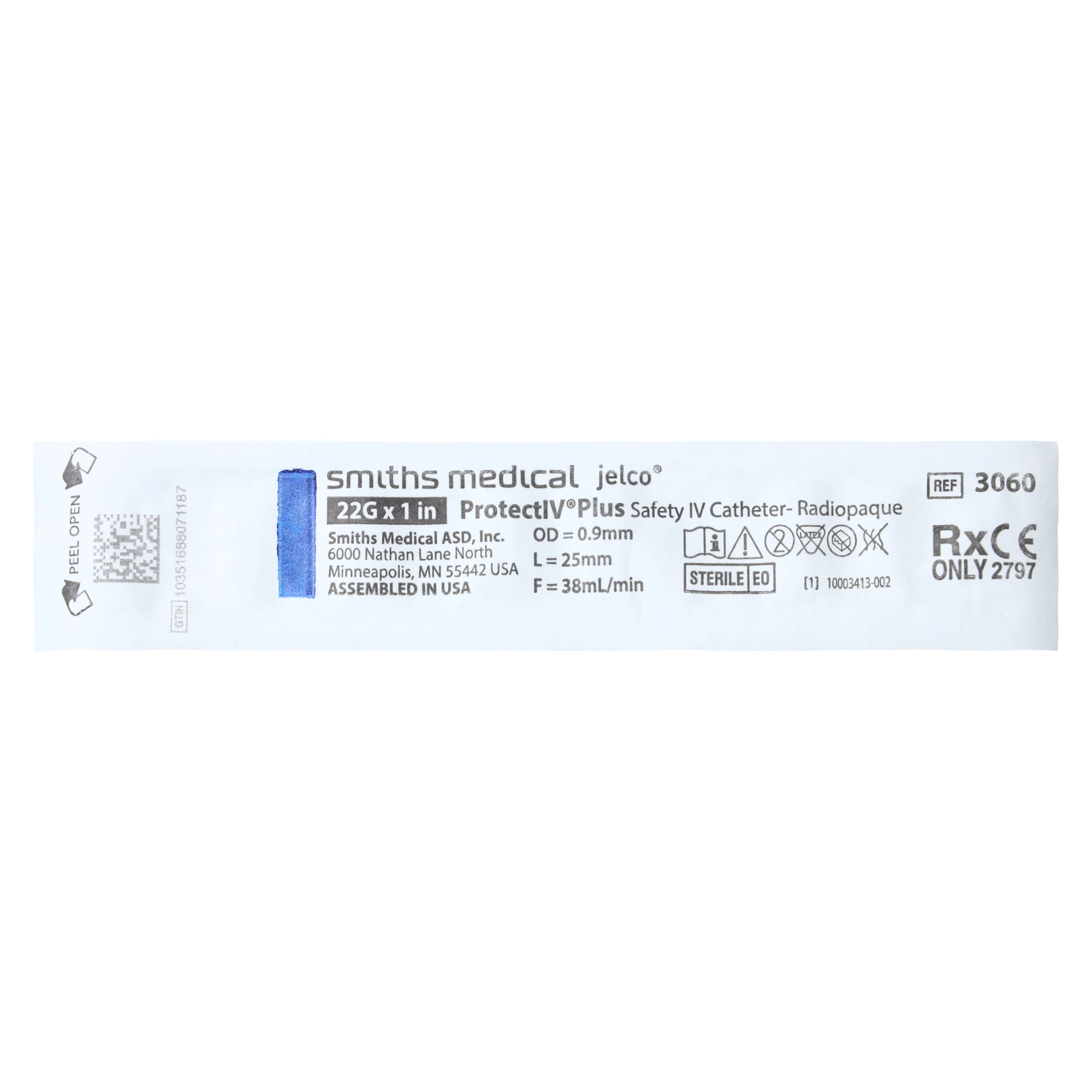 Jelco Protectiv Plus IV Catheter, 22 Gauge, 1", 38mL/Min, Blue, Straight, Safety, Sterile, Latex-Free, Each thumbnail 5
