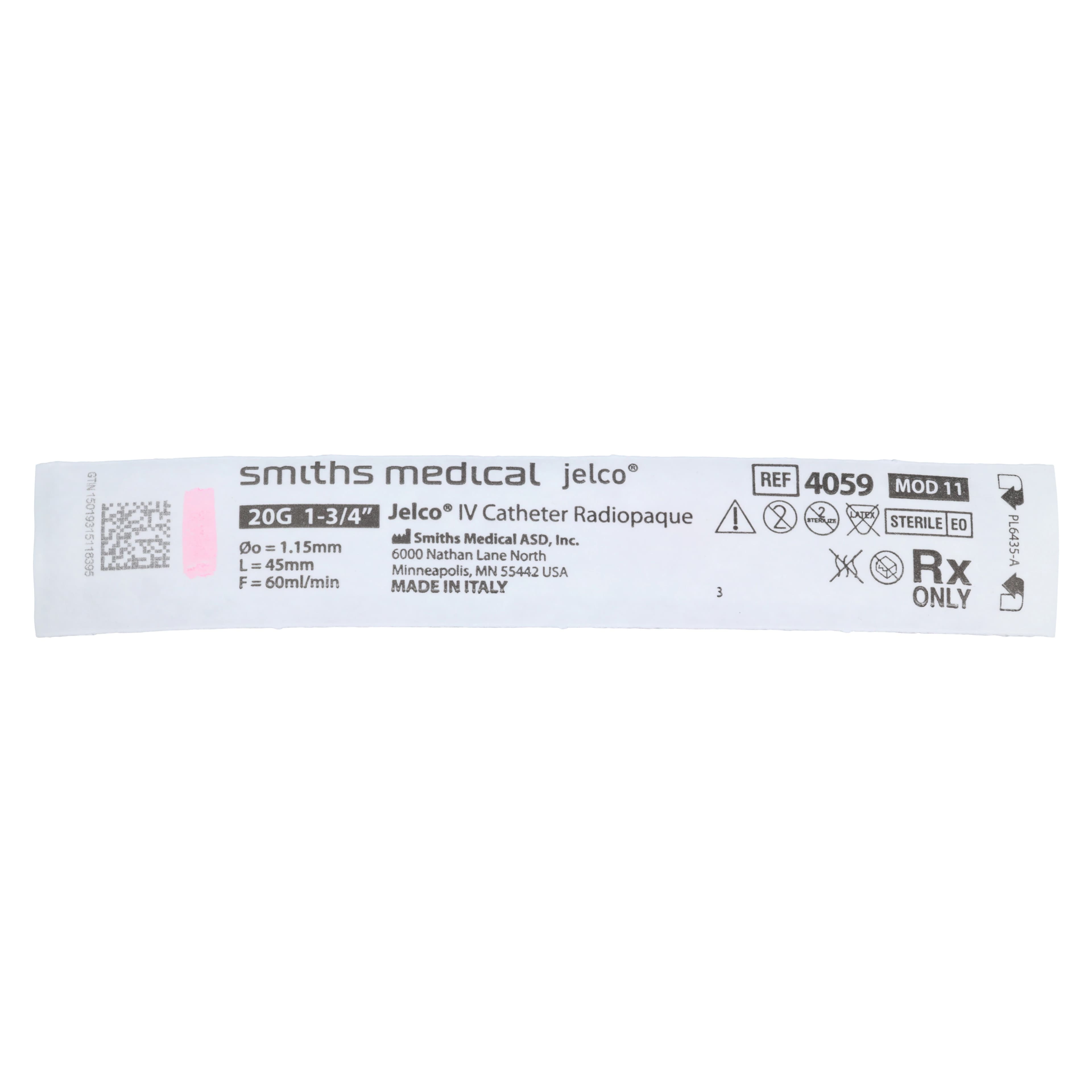 Jelco Peripheral IV Catheter, 20 Gauge, 1-3/4", Radiopaque, Straight with Wings, Pink, Sterile, 50/Box - Jelco IV Catheter Radiopaque - Image 1