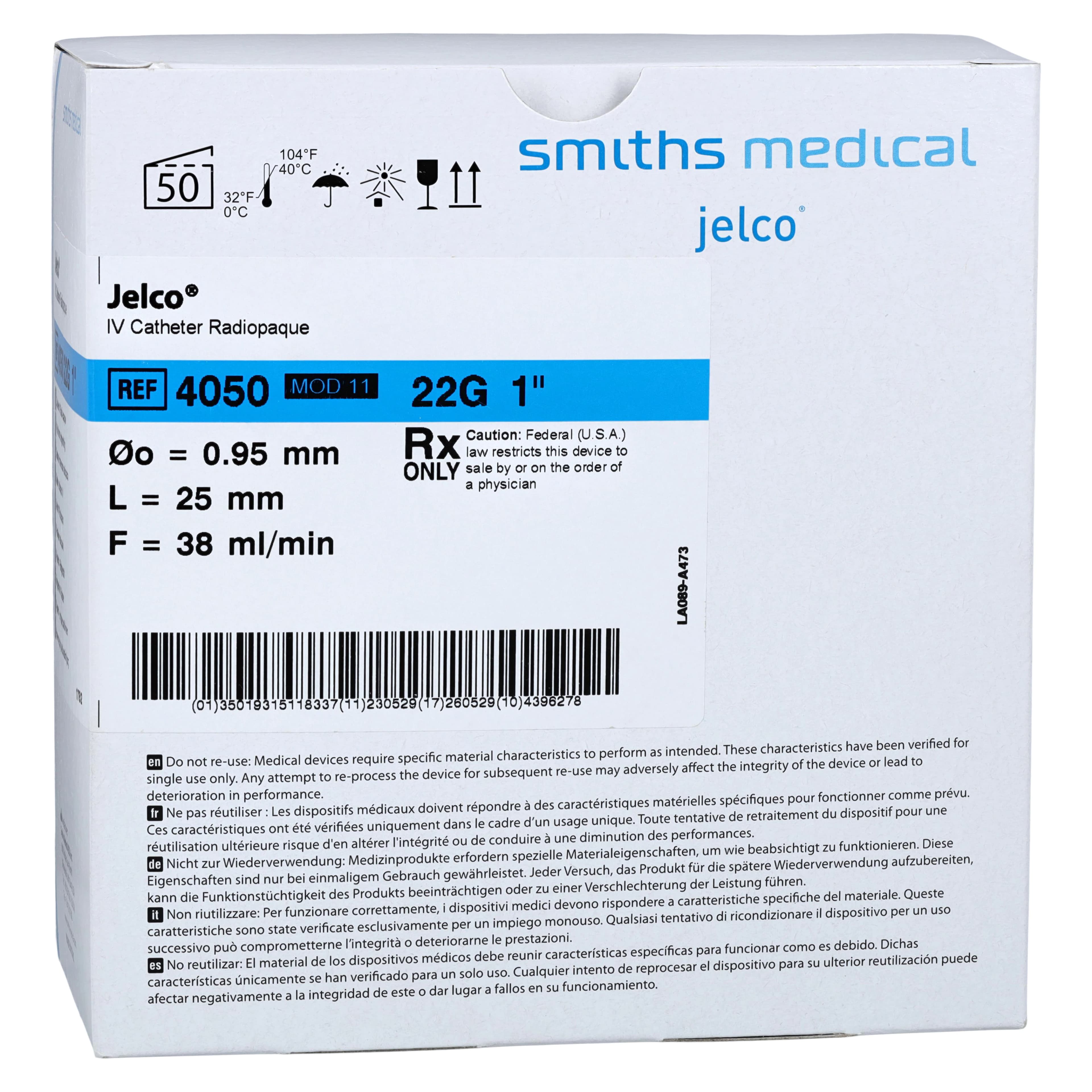 Jelco IV Catheter Radiopaque, 22 Gauge, 1", Blue, Straight, Sterile, Latex-Free, 50/Box - Jelco IV Catheter Radiopaque - Image 1