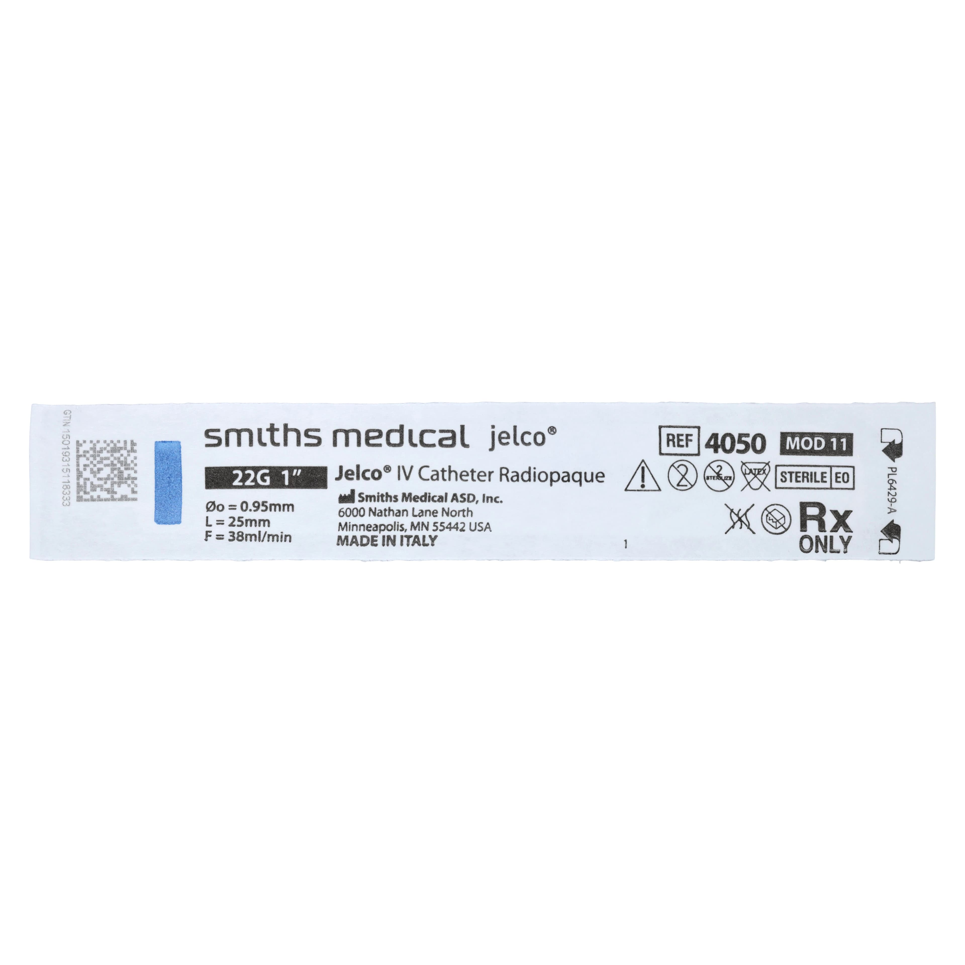 Jelco IV Catheter Radiopaque, 22 Gauge, 1", Blue, Straight, Sterile, Latex-Free, 50/Box thumbnail 2