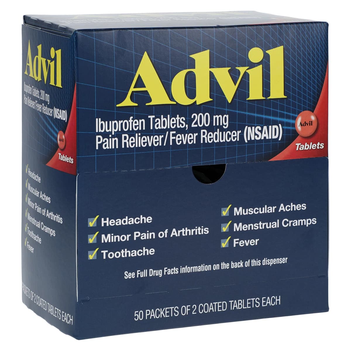 Advil Tablets 200mg, 2 Tablets per Pack, 50 Packs per Box (100 Tablets Total) - Advil Tabs 2/Pk 50/Bx N-R - Image 1