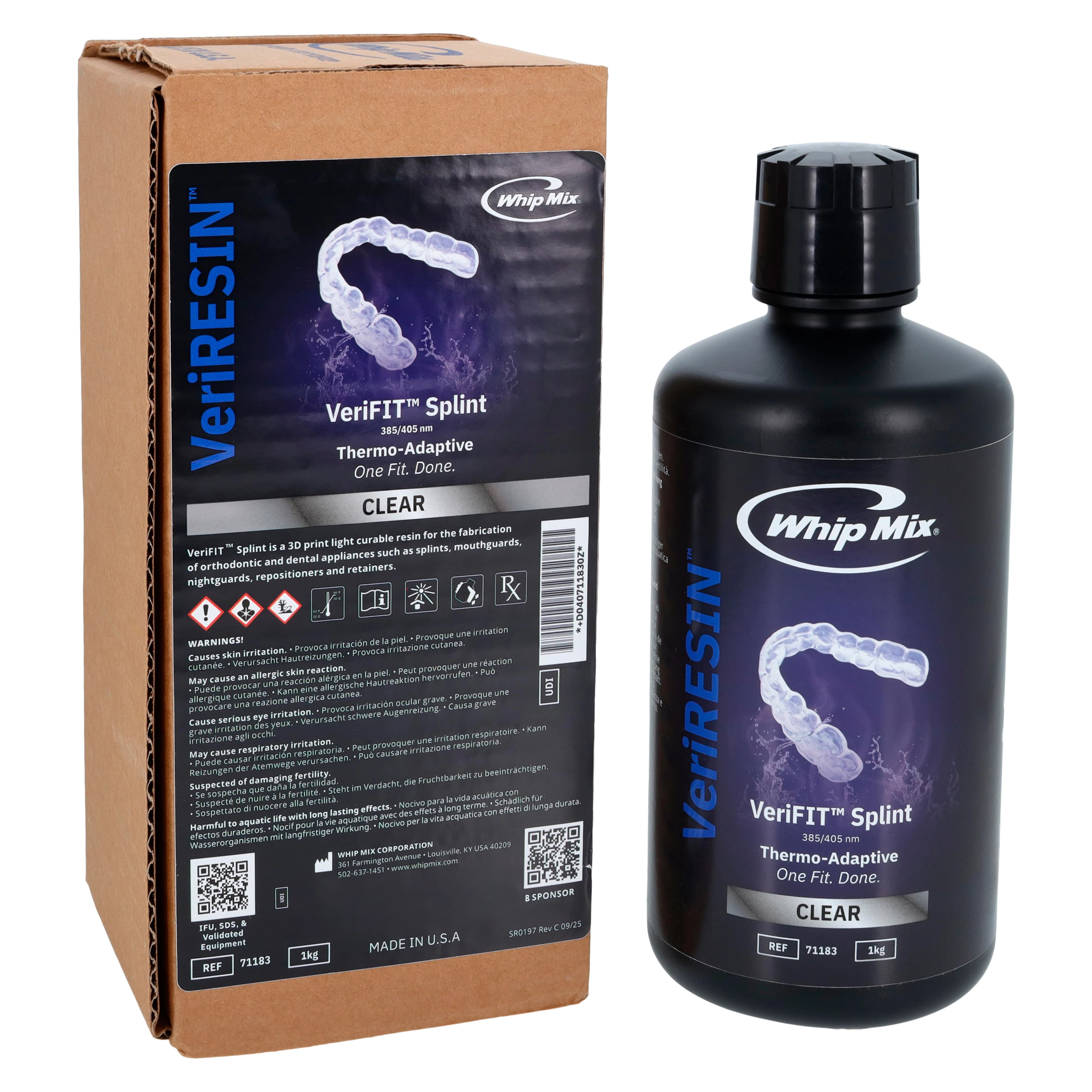 VeriFIT Splint 385/405 3D Print Resin, Clear, 1 kg Bottle - VeriFIT Splint 385/405 1kg Bottle - Image 1