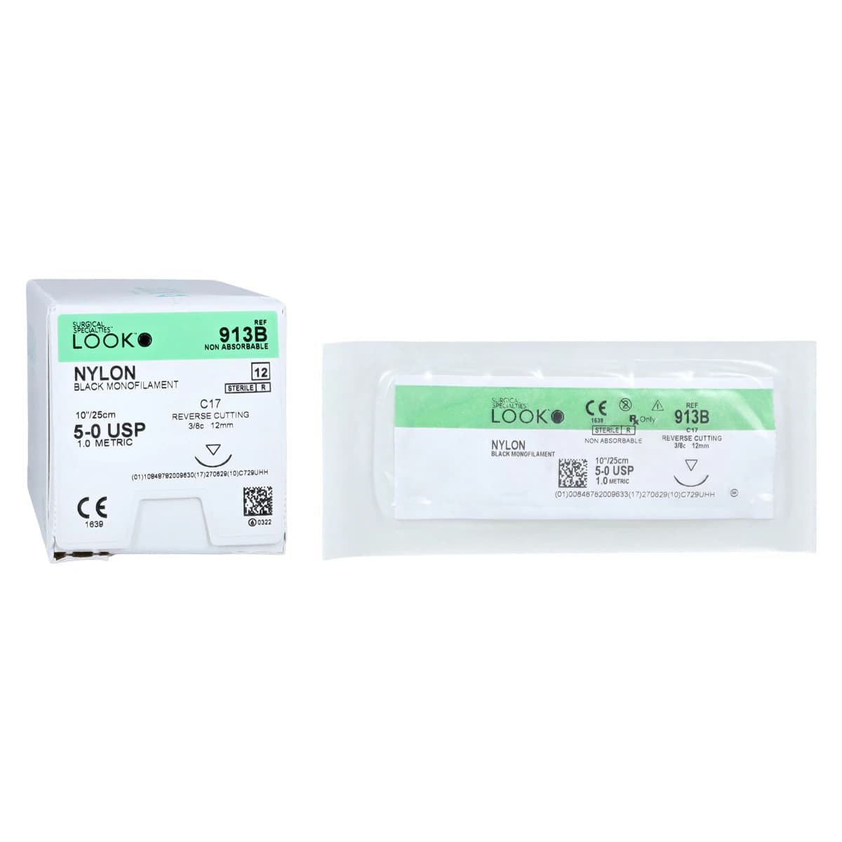 LOOK Suture Nylon Black Monofilament 5-0, 10" (25cm), C-17 Reverse Cutting 3/8 Circle Needle 12mm, 12/Box, 913B - Suture Nylon Mono Blk C17 - Image 1