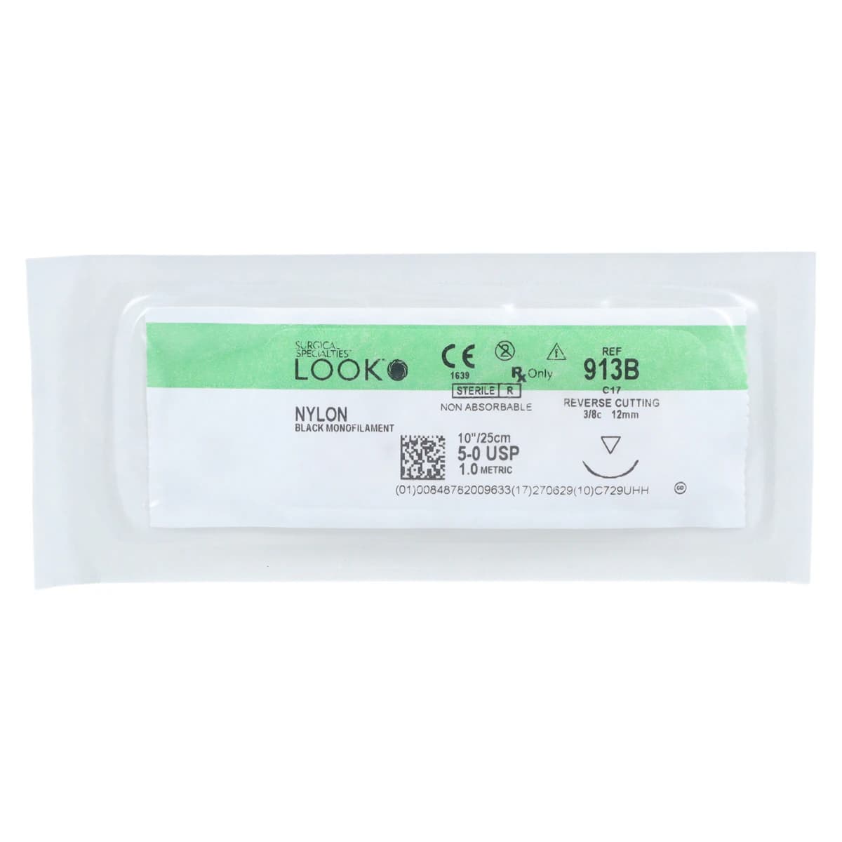 LOOK Suture Nylon Black Monofilament 5-0, 10" (25cm), C-17 Reverse Cutting 3/8 Circle Needle 12mm, 12/Box, 913B thumbnail 3