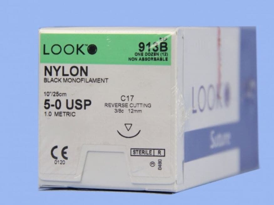 LOOK Suture Nylon Black Monofilament 5-0, 10" (25cm), C-17 Reverse Cutting 3/8 Circle Needle 12mm, 12/Box, 913B thumbnail 2