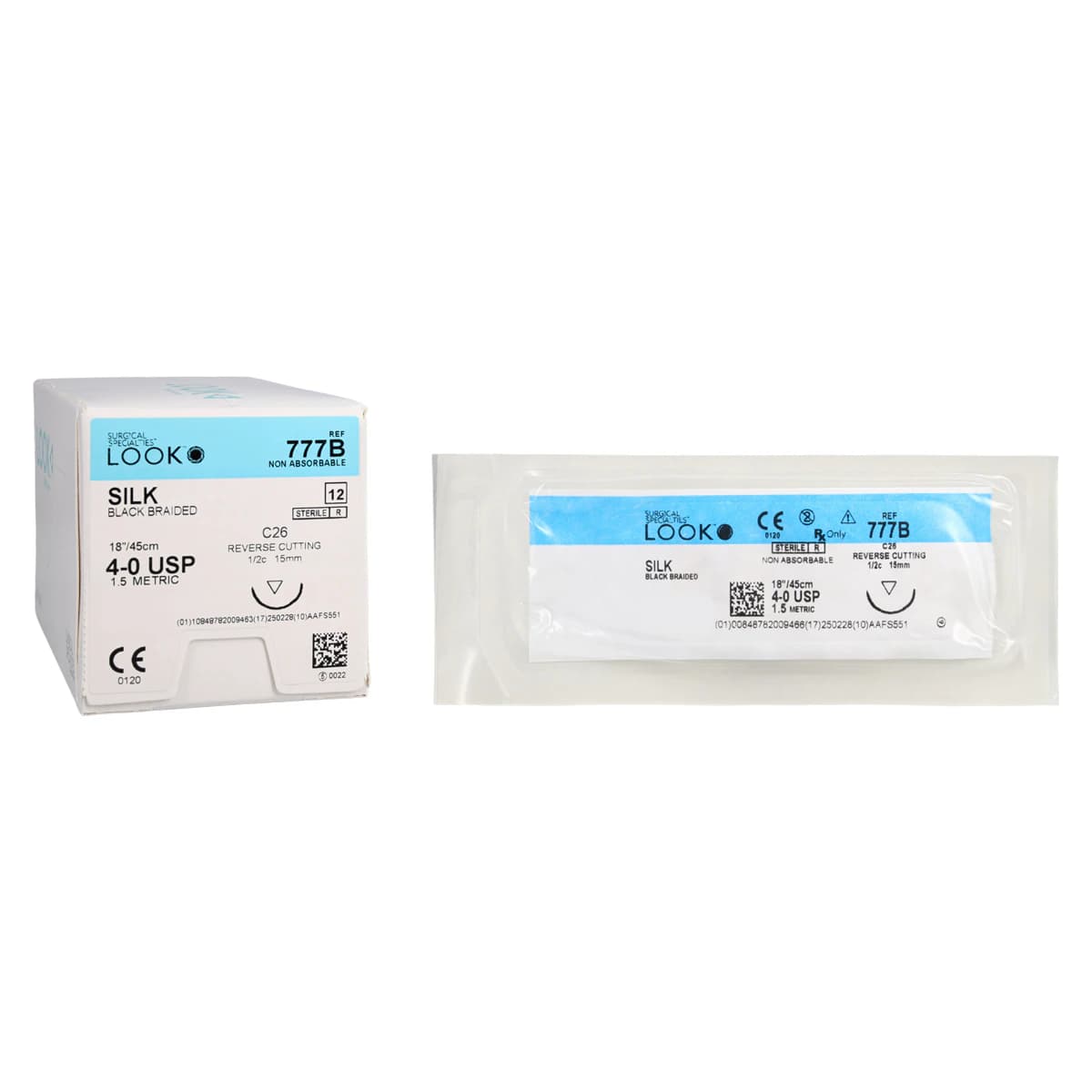 Look Silk Suture, Black Braided, Non-Absorbable, 4-0, 18" (45 cm), C26 Reverse Cutting Needle (15 mm, 1/2 Circle), 12/Pk, 777B thumbnail 2