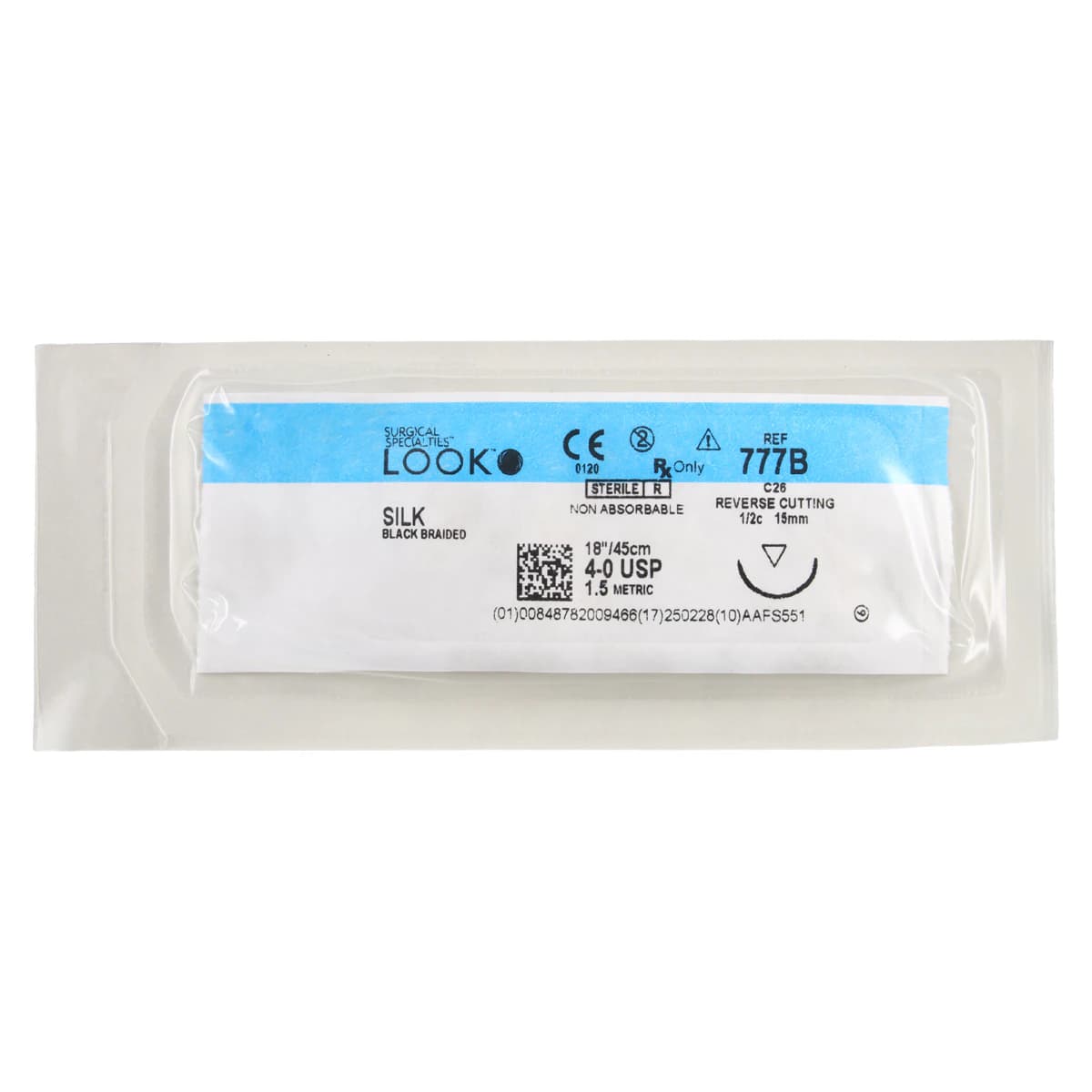 Look Silk Suture, Black Braided, Non-Absorbable, 4-0, 18" (45 cm), C26 Reverse Cutting Needle (15 mm, 1/2 Circle), 12/Pk, 777B thumbnail 3
