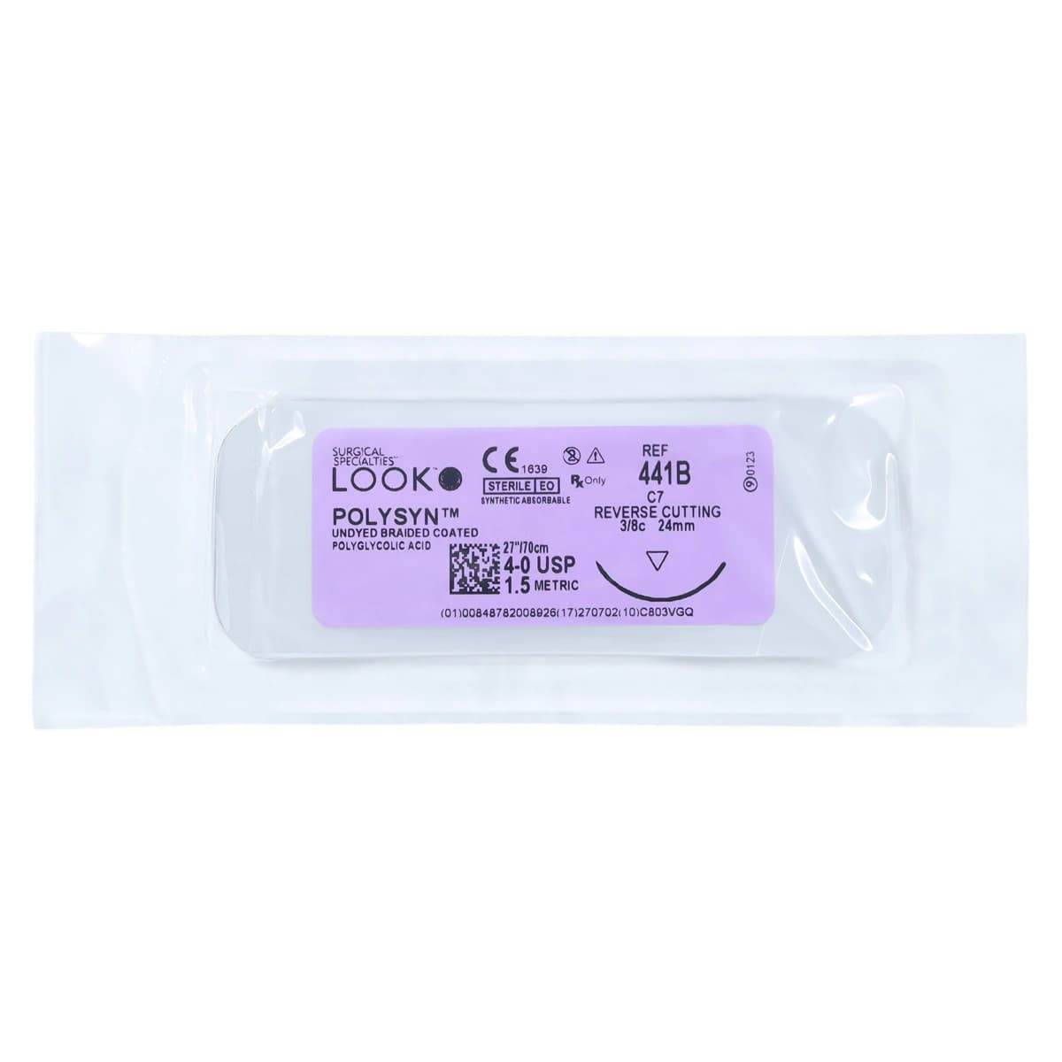 LOOK™ PolySyn™ Absorbable Suture, 4-0 PGA Braided, Undyed, C-7 Reverse Cutting Needle, 24 mm, 3/8 Circle, 27" (70 cm), 12/Box, 441B thumbnail 3