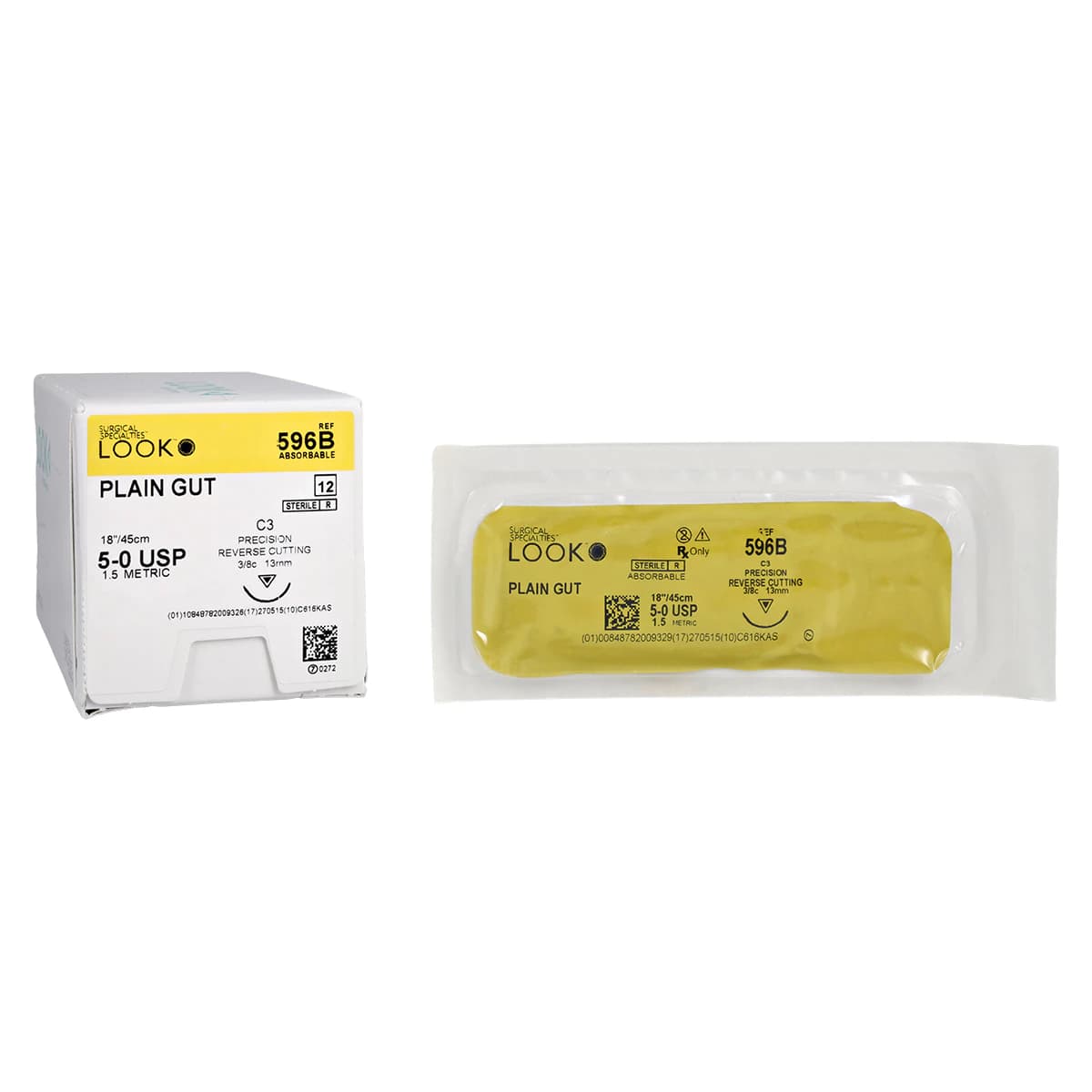 Look Plain Gut Absorbable Suture, 5-0, 18"/45 cm, C3 Precision Reverse Cutting Needle, 13 mm 3/8 Circle, 12/Pk, 596B thumbnail 2