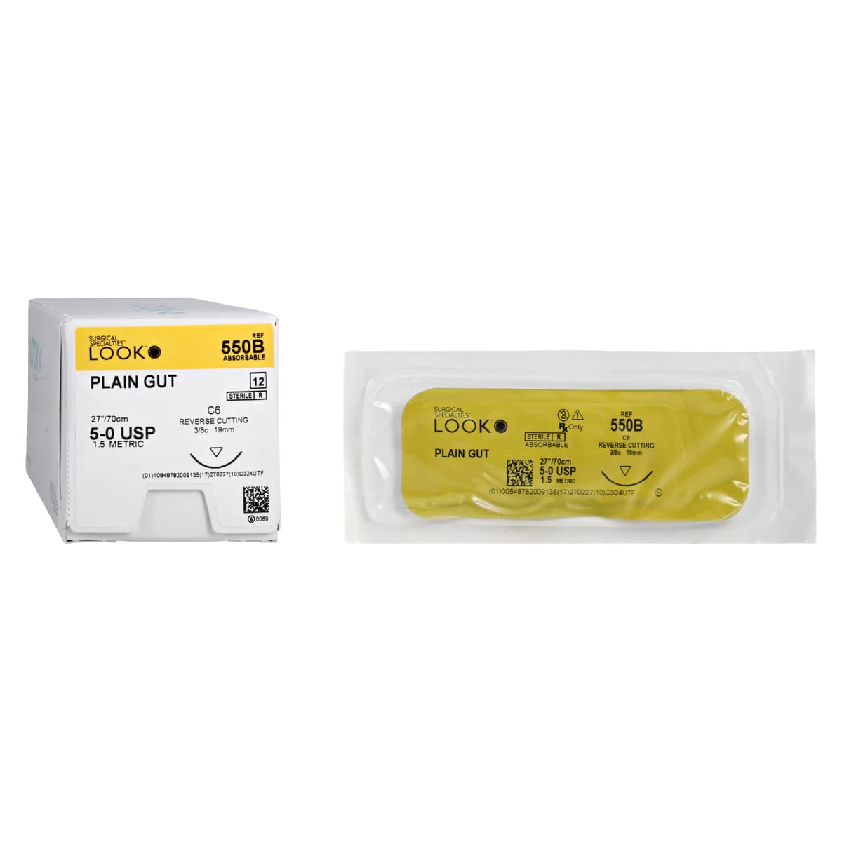 LOOK™ Sharpoint™ Plain Gut Suture, 5-0, 27" (70 cm), C-6 Reverse Cutting Needle, 3/8 Circle, 18 mm, Beige, 12/Box, 550B thumbnail 2