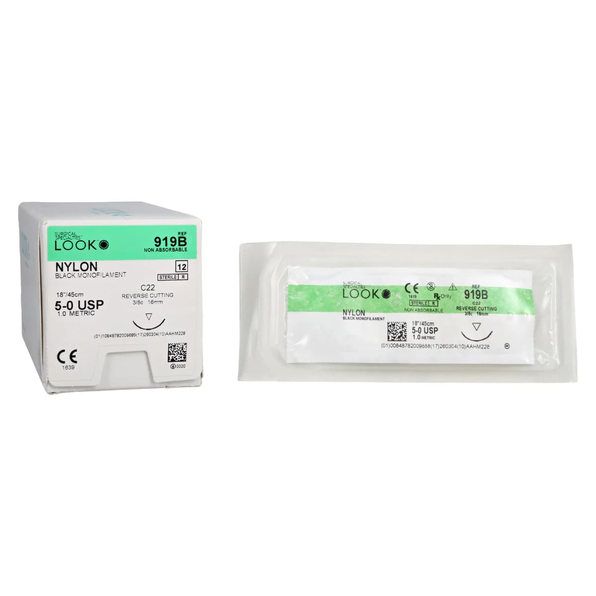 Look 919B Nylon Suture, 5-0, Black Monofilament, 18" (45 cm), C22 Reverse Cutting Needle (16 mm, 3/8 Circle), 12/Bx - Nylon Suture with C22 Needle (RC), Black Monofilament, 18"/45 cm, # 5-0, 12/Pk, 919B - Image 1