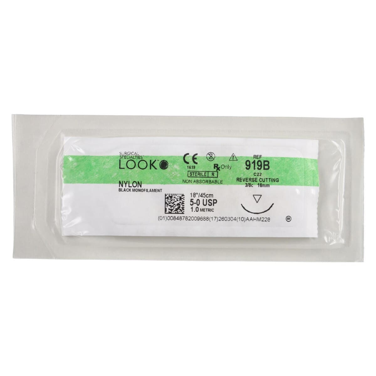 Look 919B Nylon Suture, 5-0, Black Monofilament, 18" (45 cm), C22 Reverse Cutting Needle (16 mm, 3/8 Circle), 12/Bx thumbnail 3