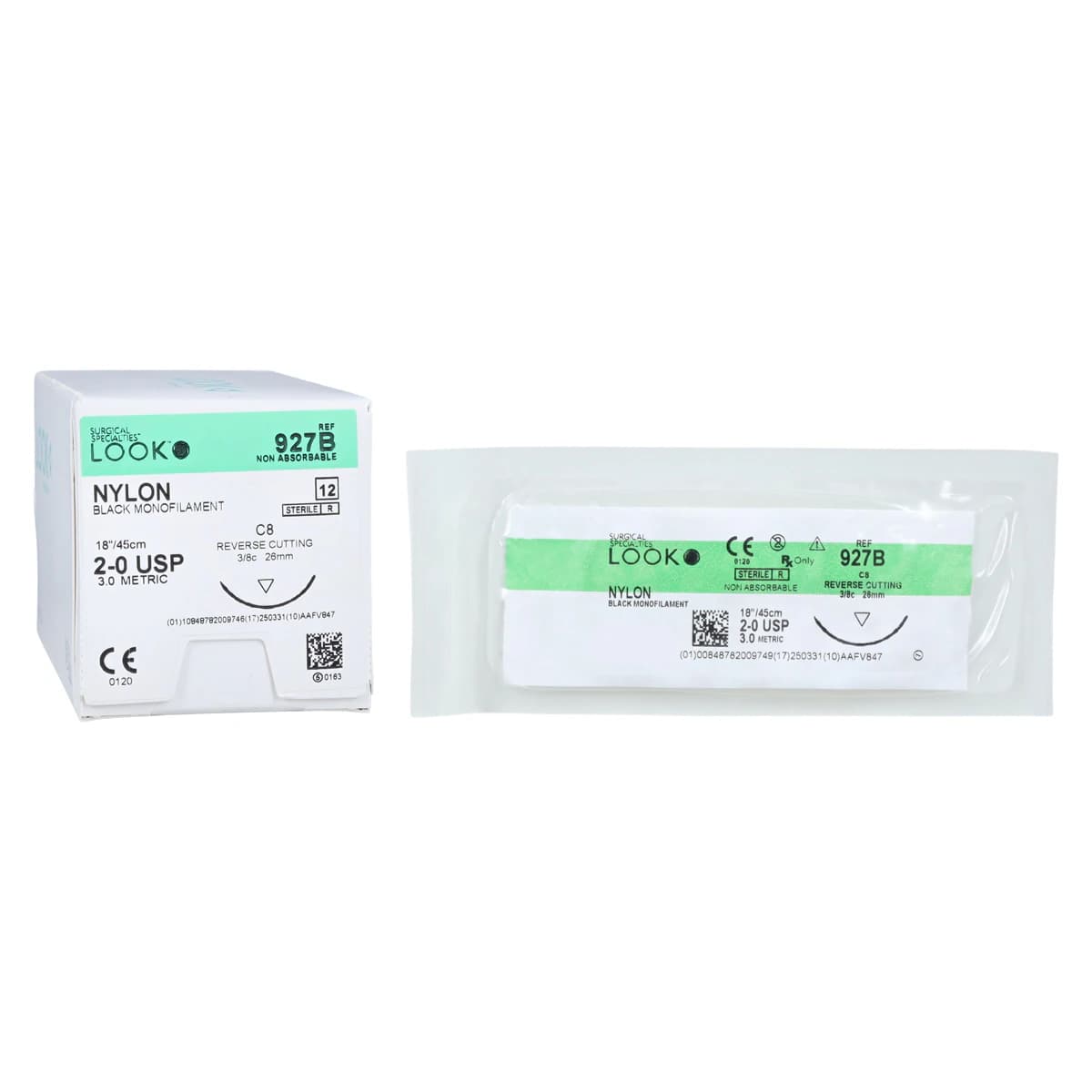 Look Nylon Suture, 2-0, Black Monofilament, Non-Absorbable, 18" (45 cm), C-8 Reverse Cutting Needle, 26 mm 3/8 Circle, 12/Bx, 927B - Nylon Suture with C8 Needle (RC), 26 mm 3/8 Circle, Black Monofilament, 18"/45 cm, # 2-0, 12/Pk, 927B - Image 1