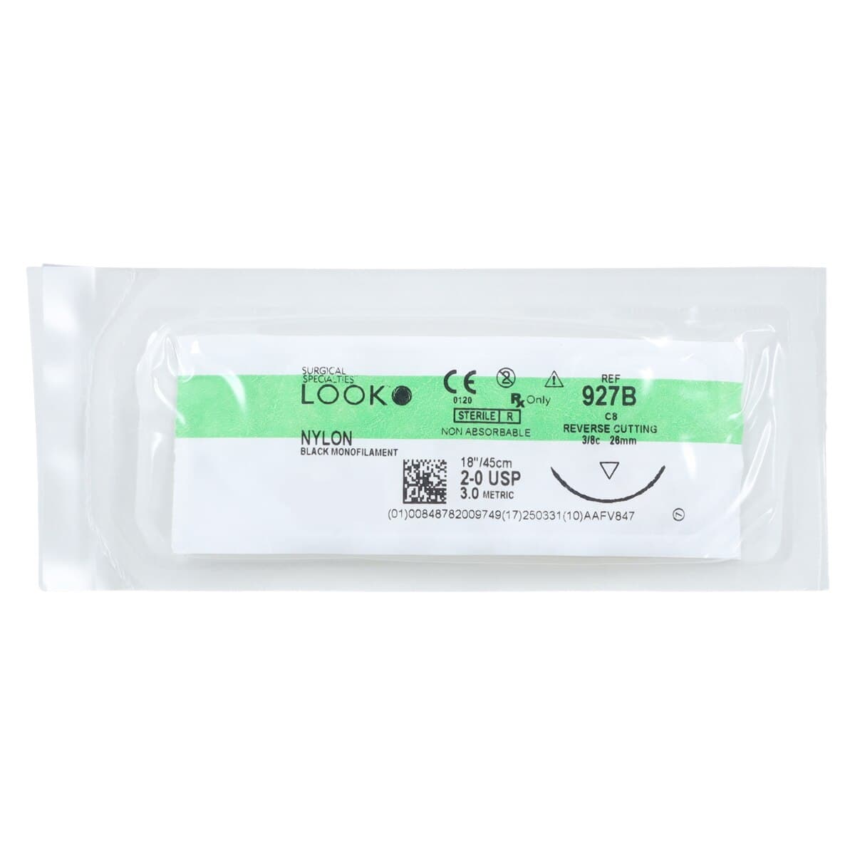 Look Nylon Suture, 2-0, Black Monofilament, Non-Absorbable, 18" (45 cm), C-8 Reverse Cutting Needle, 26 mm 3/8 Circle, 12/Bx, 927B thumbnail 3