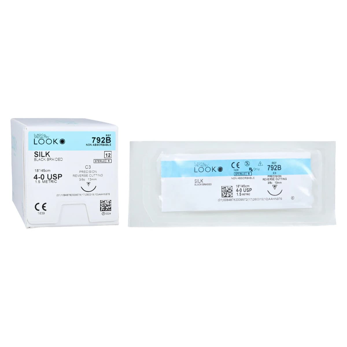 LOOK Sharpoint Silk Suture, 4-0, Black Braided, Non-Absorbable, C-3 Precision Reverse Cutting Needle, 3/8 Circle, 13mm, 18" (45cm), 12/Box, #792B - Look Suture 4/0 Silk-Black Braided C-3 Needle #792B (12) - Image 1