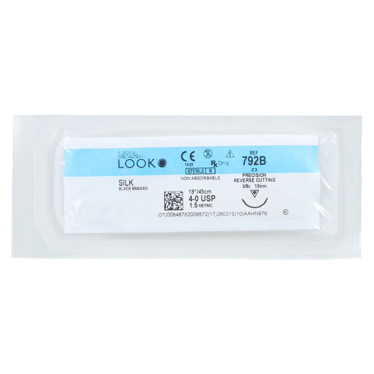 LOOK Sharpoint Silk Suture, 4-0, Black Braided, Non-Absorbable, C-3 Precision Reverse Cutting Needle, 3/8 Circle, 13mm, 18" (45cm), 12/Box, #792B thumbnail 3