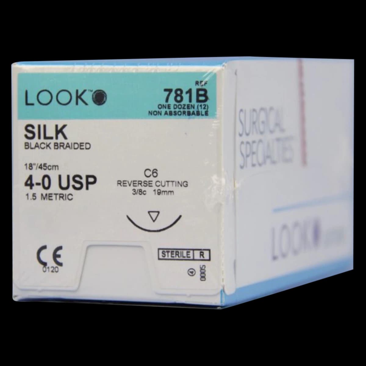 Look 781B Silk Black Braided Non-Absorbable Suture, 4-0, 18" (45 cm), C-6 Reverse Cutting Needle, 3/8 Circle, 19 mm, 12/Box thumbnail 2