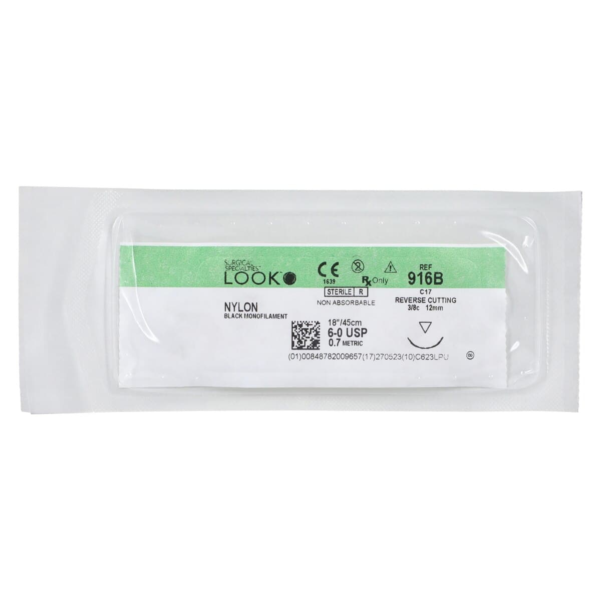 Look Nylon Suture with C17 Needle (RC), Black Monofilament, 6-0, 18"/45 cm, 12/Pk, 916B thumbnail 3