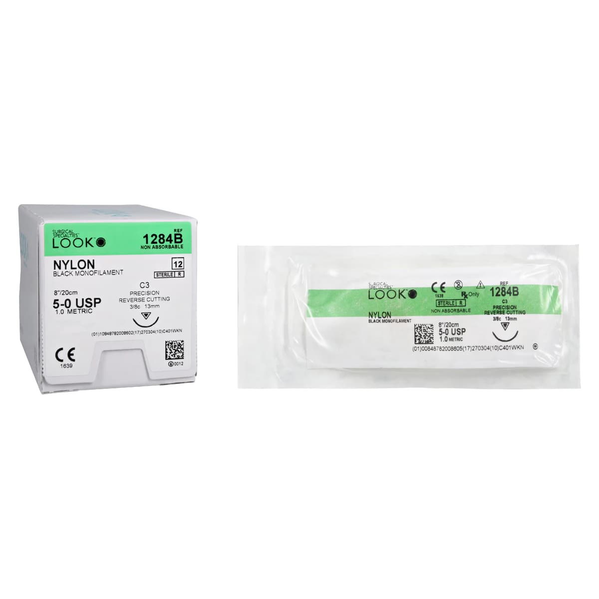 Surgical Specialties Look Nylon Monofilament 5-0 Black Suture, 8" (20cm), C-3 Needle, 3/8 Circle, 13mm, Precision Reverse Cutting, 12/Box, 1284B thumbnail 2