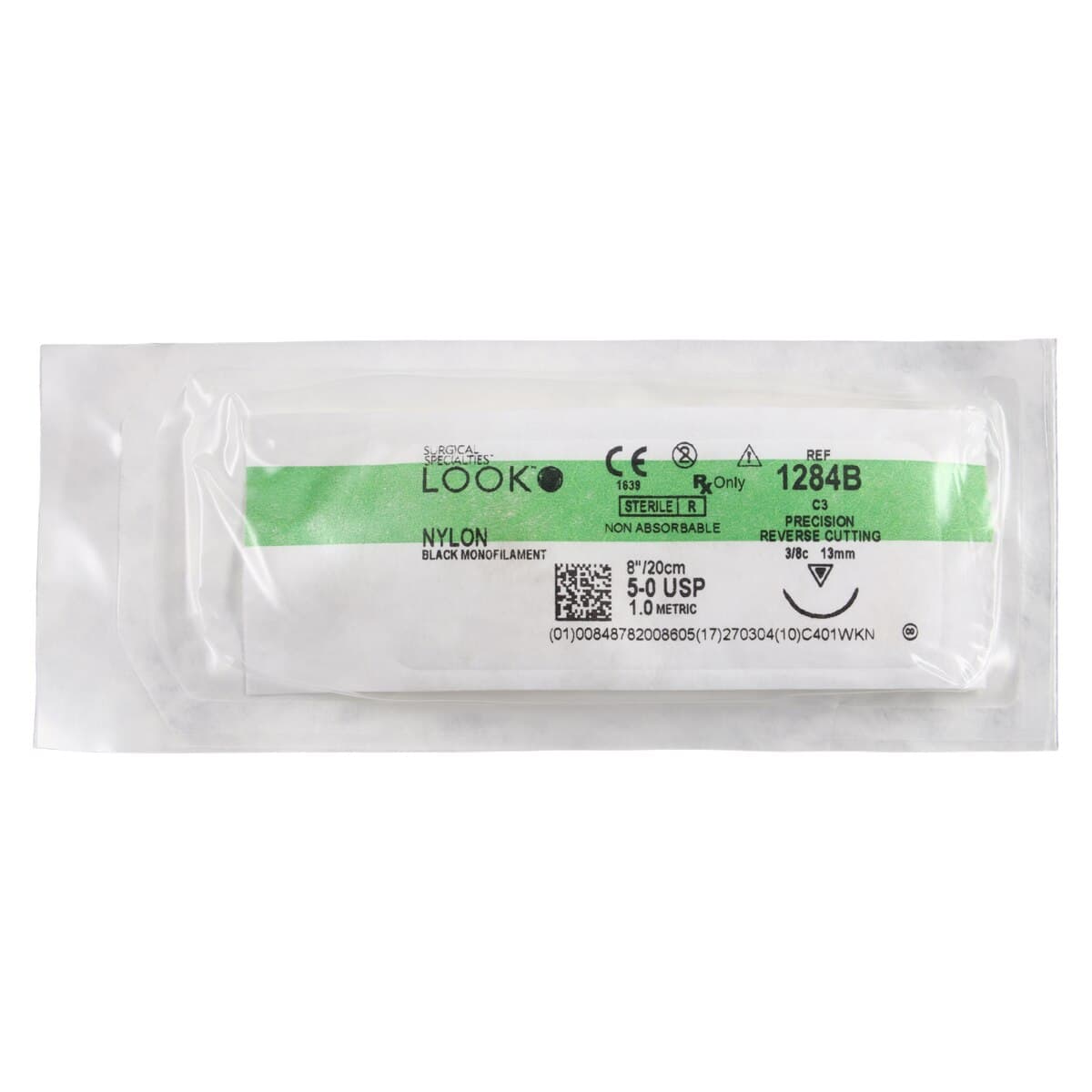 Surgical Specialties Look Nylon Monofilament 5-0 Black Suture, 8" (20cm), C-3 Needle, 3/8 Circle, 13mm, Precision Reverse Cutting, 12/Box, 1284B thumbnail 3