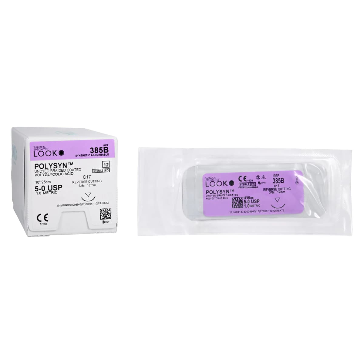 LOOK™ PolySyn™ Absorbable Braided Suture, 5-0 PGA, Undyed, C-17 Reverse Cutting 3/8 Circle Needle, 10" (25cm), 12/Box, 385B - LOOK™ PolySyn™ Sutures 5-0 PGA (Polyglycolic Acid) Braided C-17 3/8 Circle Undyed 10 Inch Pkg/12 - Image 1